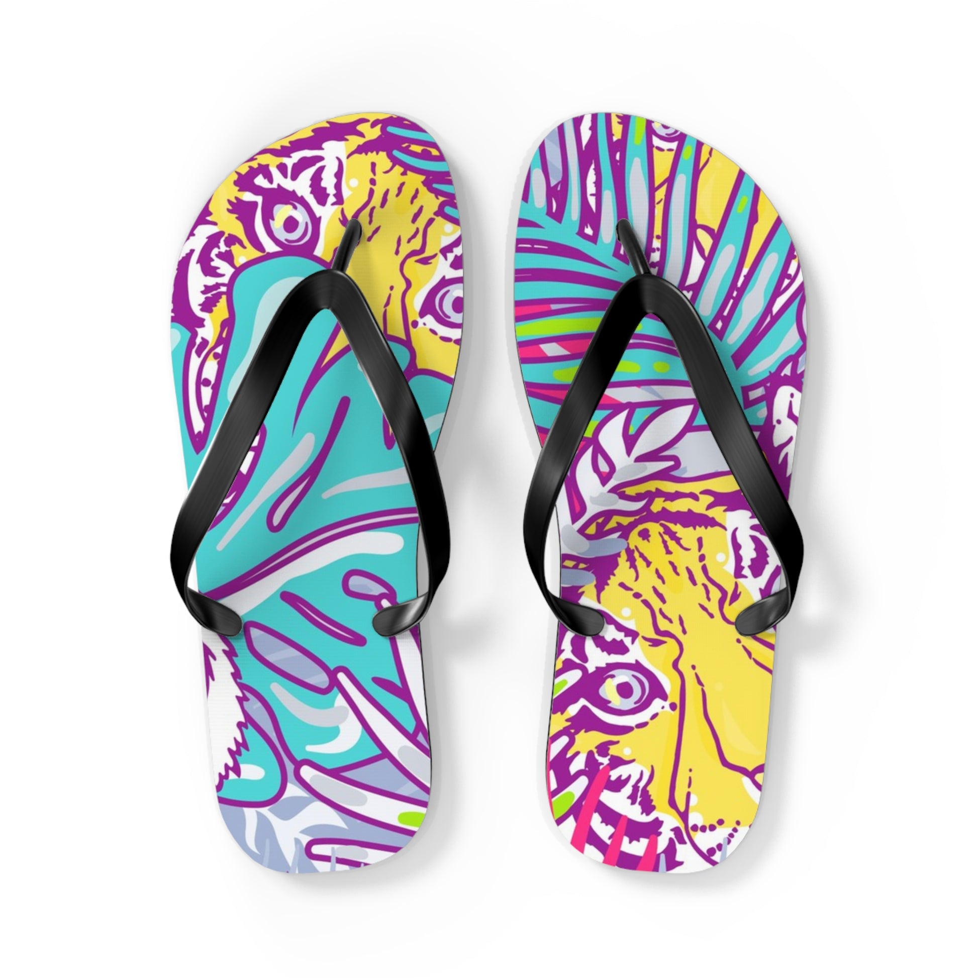 Tropical Floral Tigers Torquise and Purple Flip Flops, Artsulli - Art is Long, Life is Short, Shoes, Size, L, Color, Black sole, , , 14146548697268
