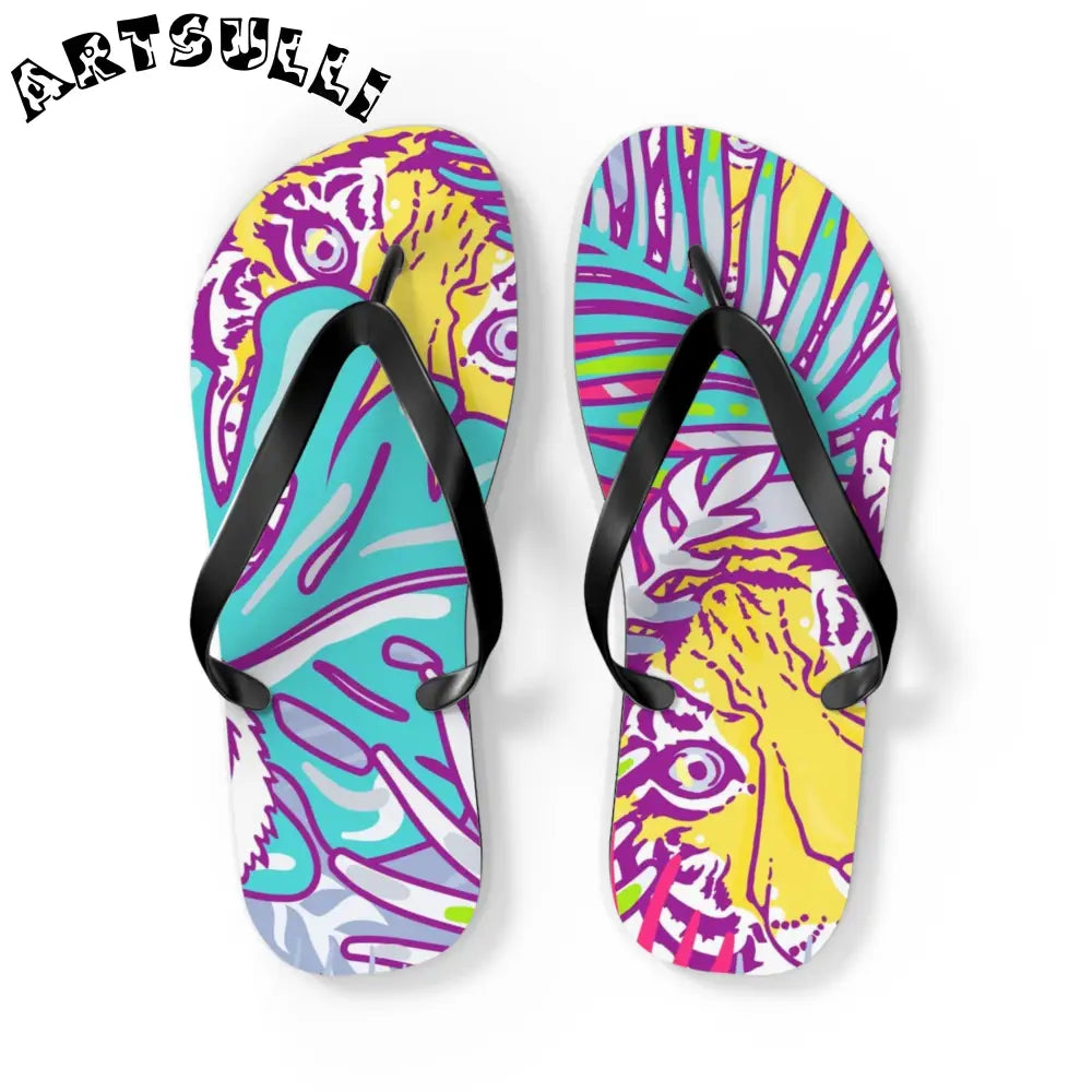 JAKKOUTTHEBXX Tropical Floral Tigers Torquise and Purple Flip Flops