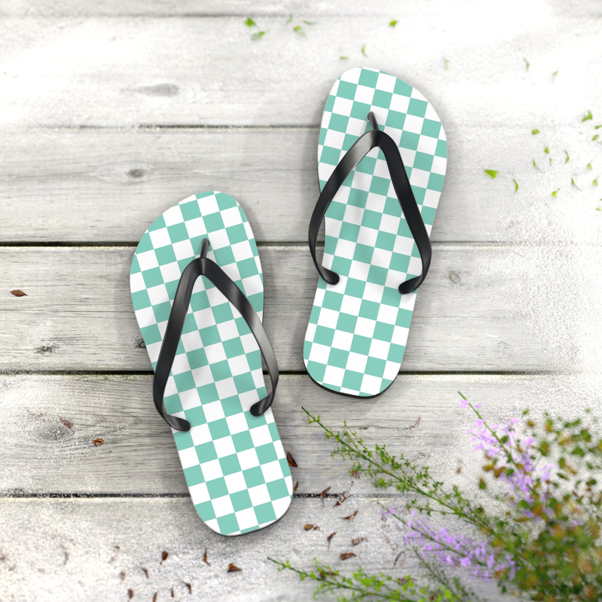 Checkerboard Light Green Flip Flops, Artsulli - Art is Long, Life is Short, Shoes, , , , , , , 