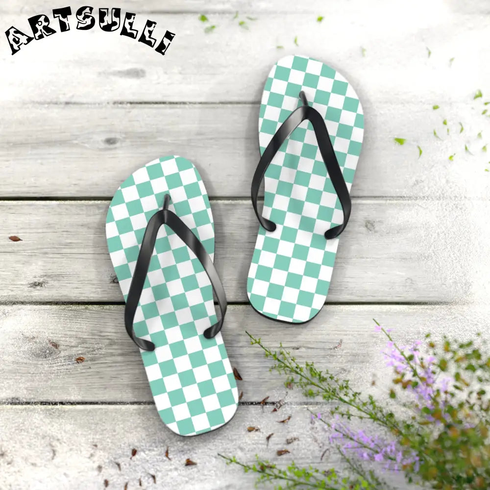 JAKKOUTTHEBXX Checkerboard Light Green Flip Flops JAKKOUTTHEBXX