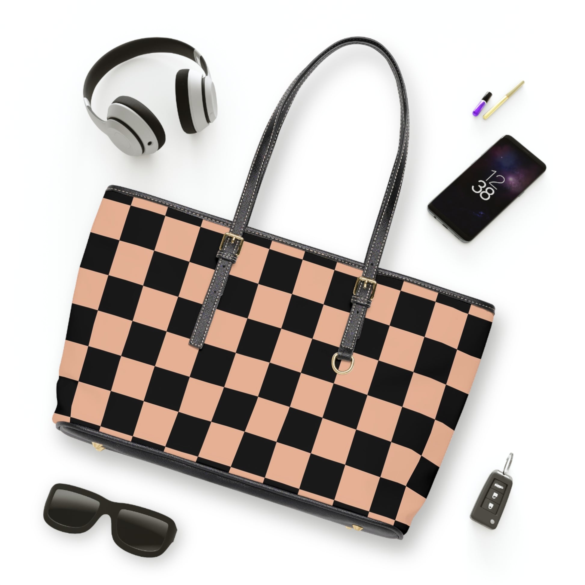 Checkerboard Soft Orange and Black PU Leather Shoulder Bag, Artsulli - Art is Long, Life is Short, Bags, , , , , , , 