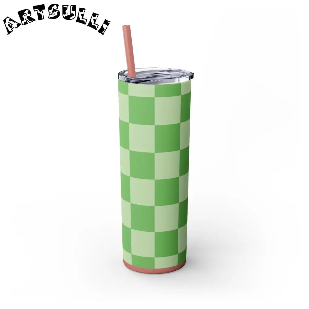 JAKKOUTTHEBXX Checkerboard Green Skinny Tumbler with Straw 20oz