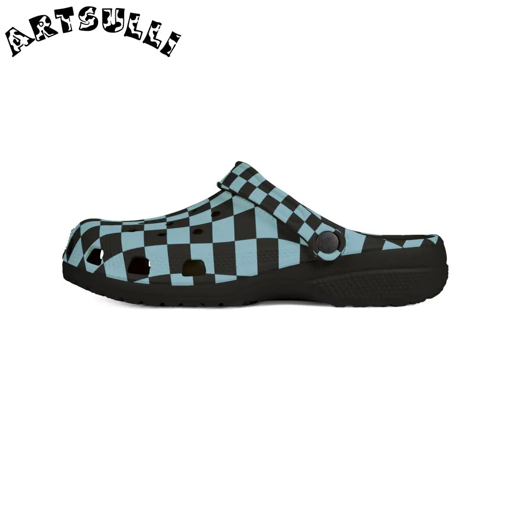 JAKKOUTTHEBXX Checkerboard Black and Blue EVA Foam Rubber Shoes