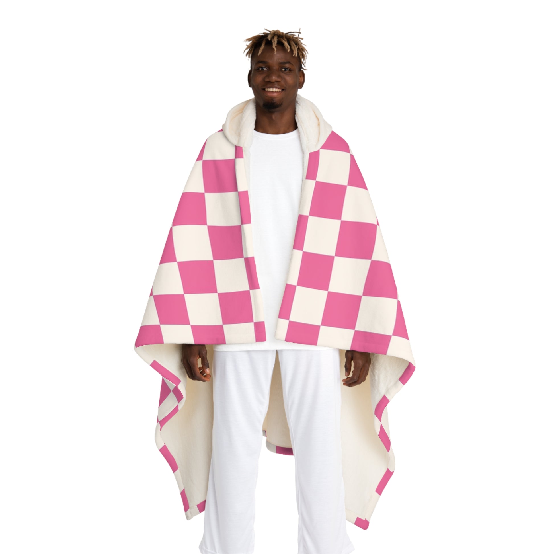 Yuyushiki Pink Check Hooded Sherpa Fleece Blanket, Artsulli - Art is Long, Life is Short, All Over Prints, Size, One size, Color, Cream, , , 21442262263494472432