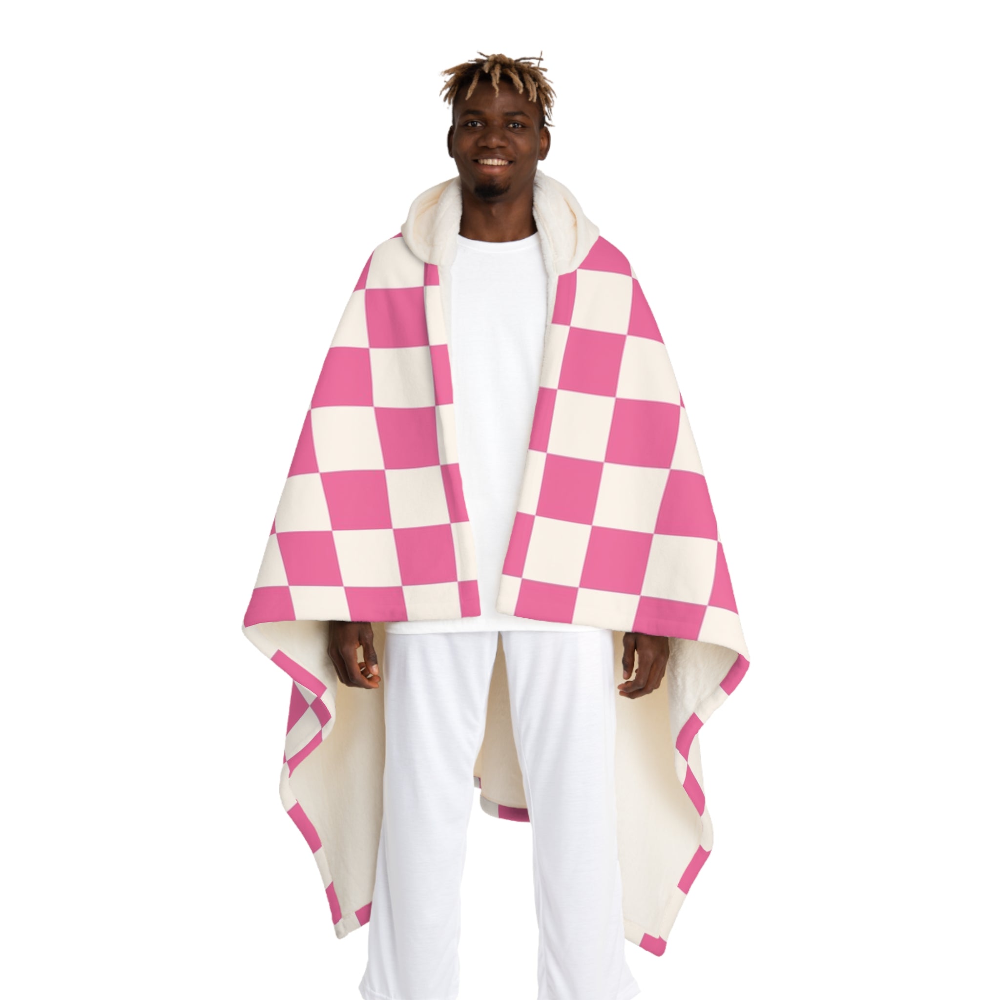 Yuyushiki Pink Check Hooded Sherpa Fleece Blanket, Artsulli - Art is Long, Life is Short, All Over Prints, Size, One size, Color, Cream, , , 21442262263494472432