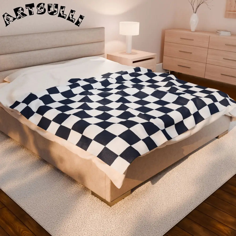 JAKKOUTTHEBXX Checkerboard White and Navy Blue Velveteen Plush