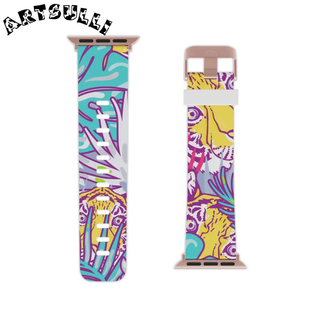 JAKKOUTTHEBXX Tropical Floral Tigers Torquise and Purple Watch Band