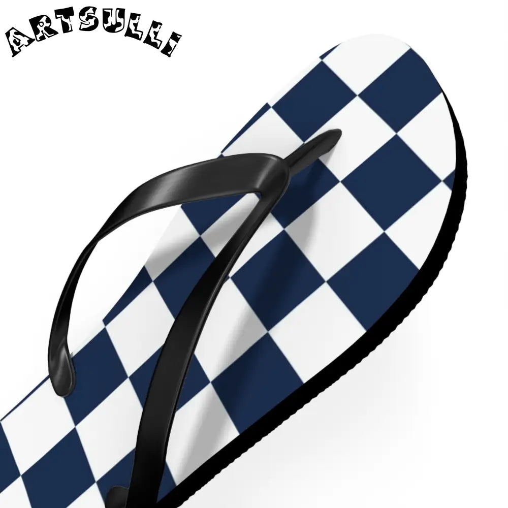 JAKKOUTTHEBXX Checkerboard White and Navy Blue Flip Flops
