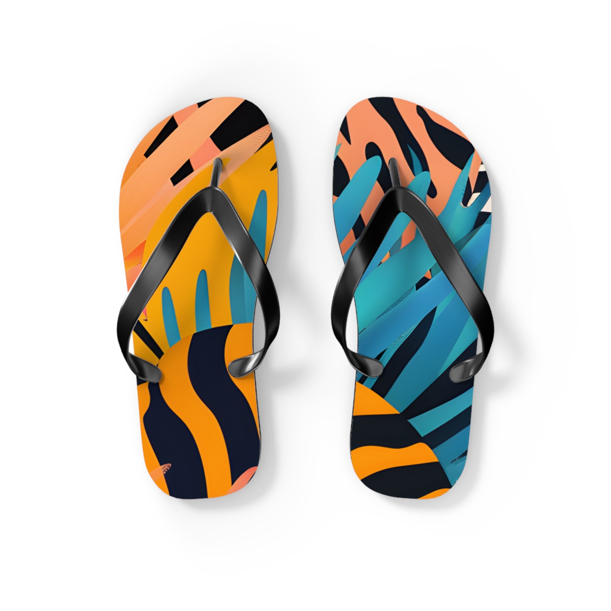 Palm Leaves x Zebra Stripes x  Tiger Stripes Orange and Blue Flip Flops, Artsulli - Art is Long, Life is Short, Shoes, Size, S, Color, Black sole, , , 88216782774911