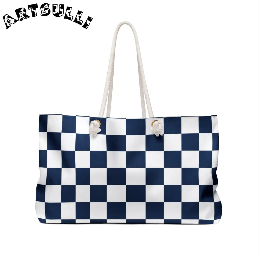 JAKKOUTTHEBXX Checkerboard White and Navy Blue Weekender Bag