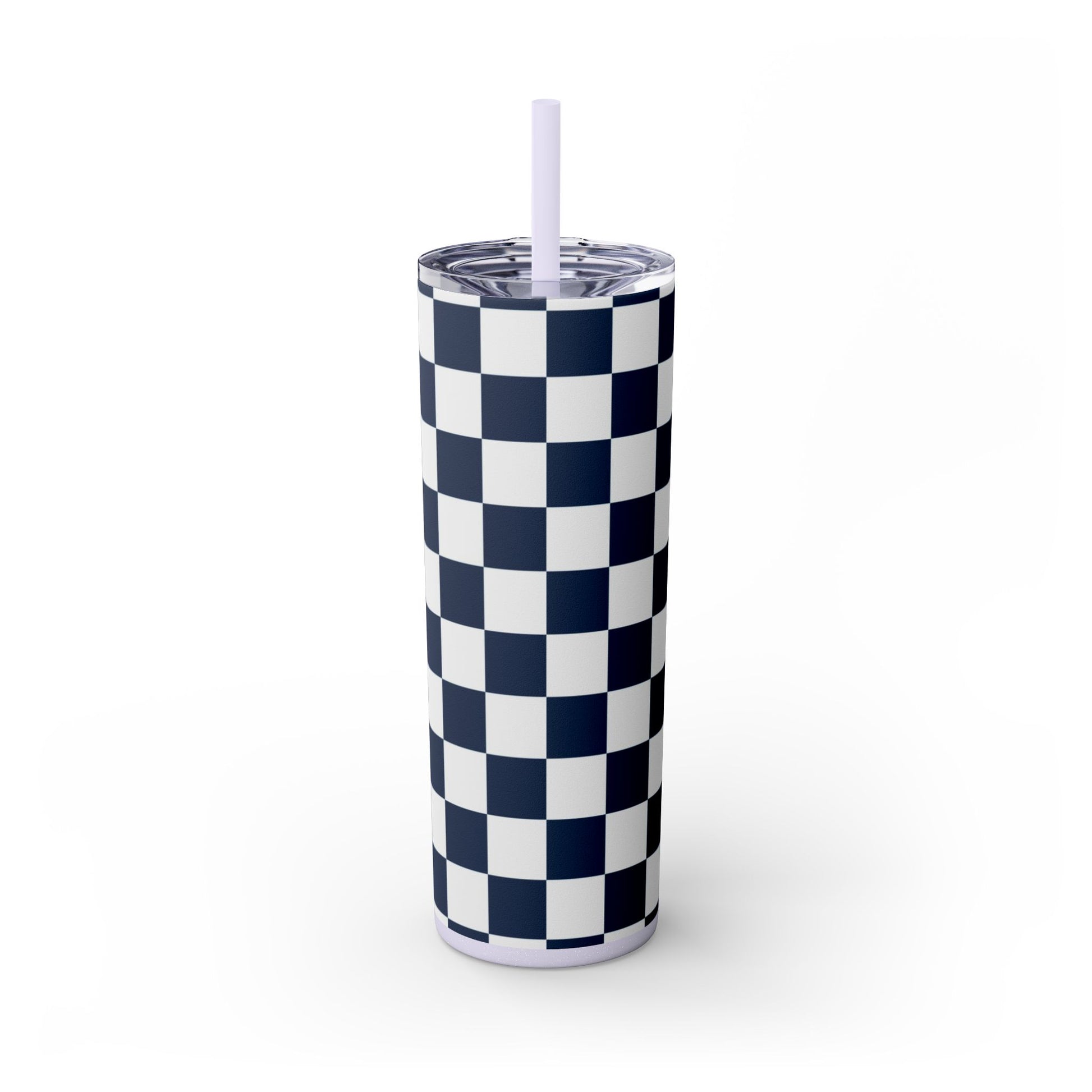 Checkerboard White and Navy Blue Skinny Tumbler with Straw, 20oz, Artsulli - Art is Long, Life is Short, Mug, Finish, Glossy, Color, Glitter Lilac, Size, 20oz, 27897757190576891517