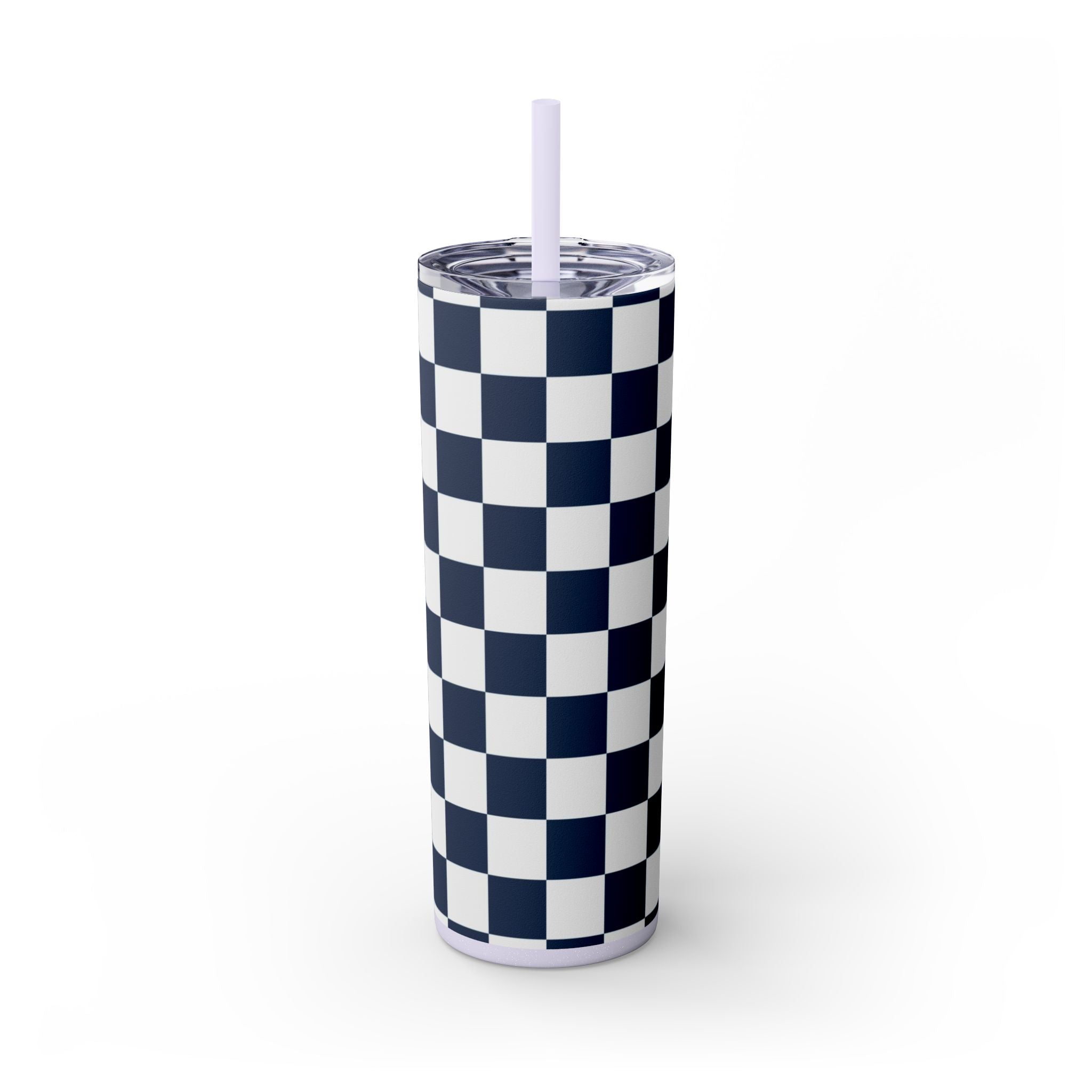 Checkerboard White and Navy Blue Skinny Tumbler with Straw, 20oz, Artsulli - Art is Long, Life is Short, Mug, Finish, Glossy, Color, Glitter Lilac, Size, 20oz, 27897757190576891517
