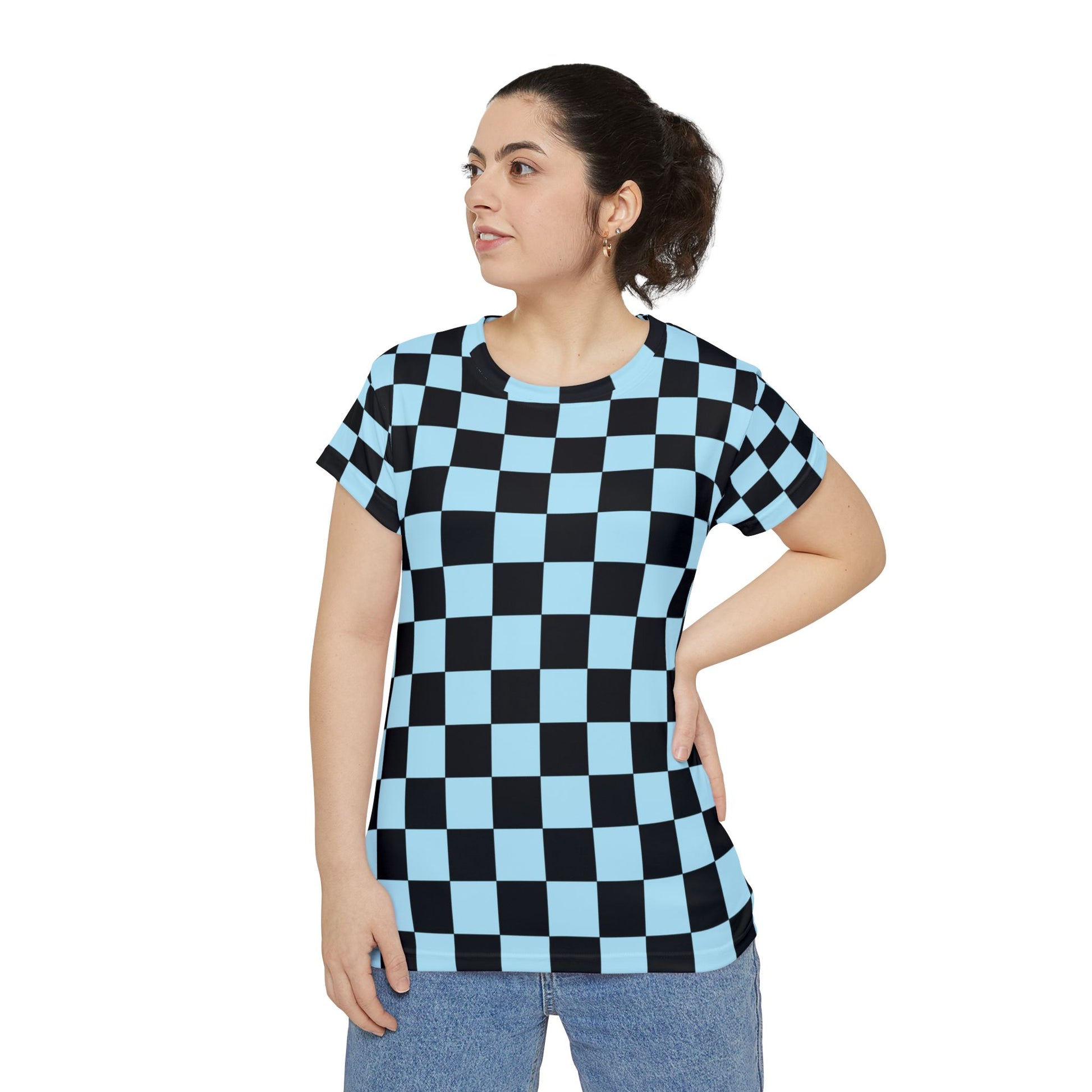 Checkerboard Black and Blue Women's Short Sleeve Shirt (AOP), Artsulli - Art is Long, Life is Short, All Over Prints, , , , , , , 