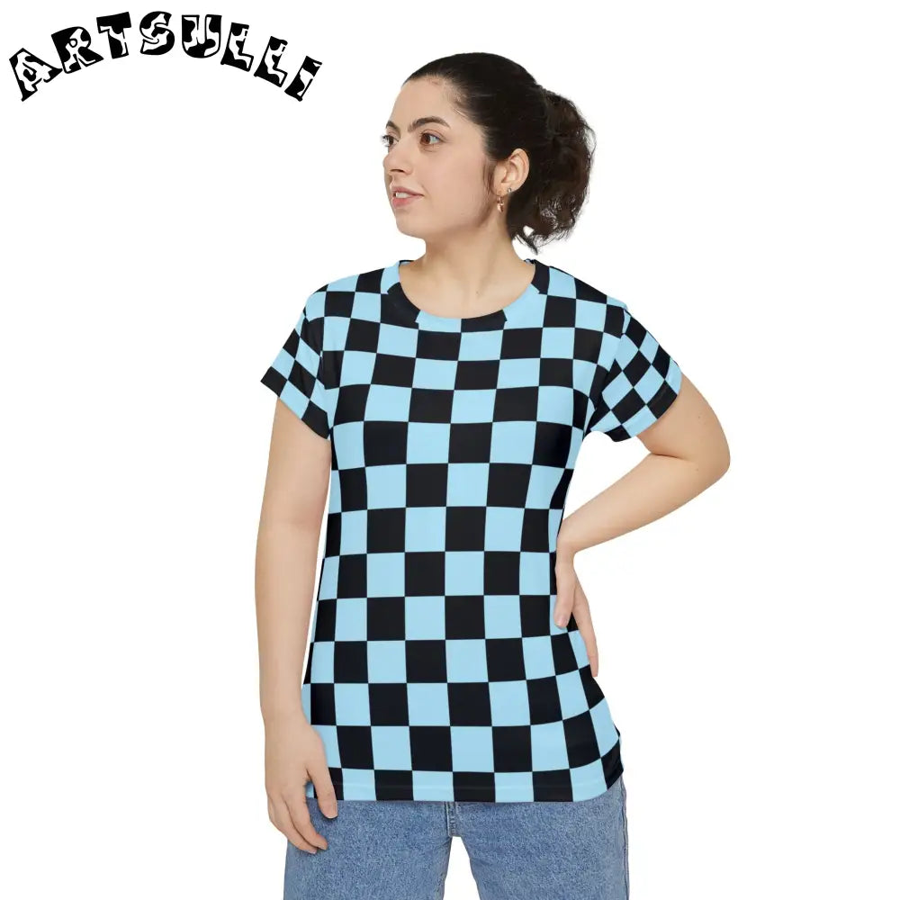 JAKKOUTTHEBXX Checkerboard Black and Blue Women’s Short Sleeve Shirt