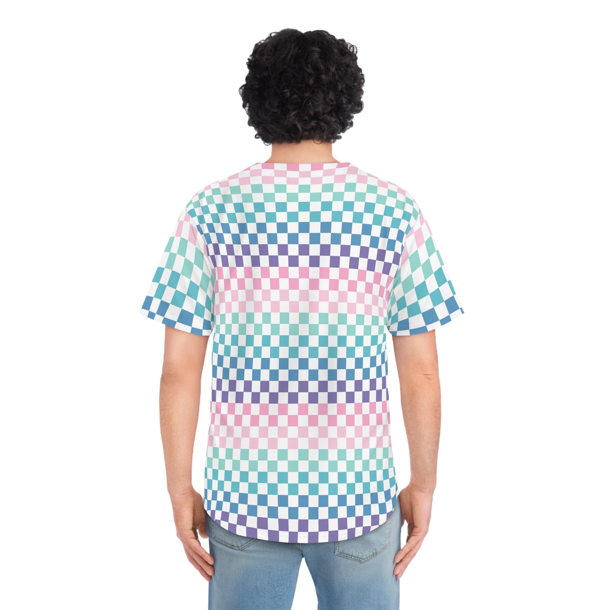 Vaporwave Rainbow  Checkerboard II Multi-Color Men's Baseball Jersey (AOP), Artsulli - Art is Long, Life is Short, All Over Prints, , , , , , , 
