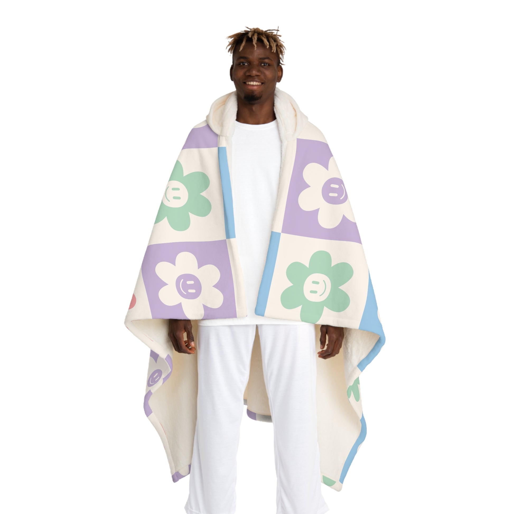 Chessboard x Smiley Face Flowers III Multi-Color Hooded Sherpa Fleece Blanket, Artsulli - Art is Long, Life is Short, All Over Prints, Size, One size, Color, Cream, , , 85583082327399194205