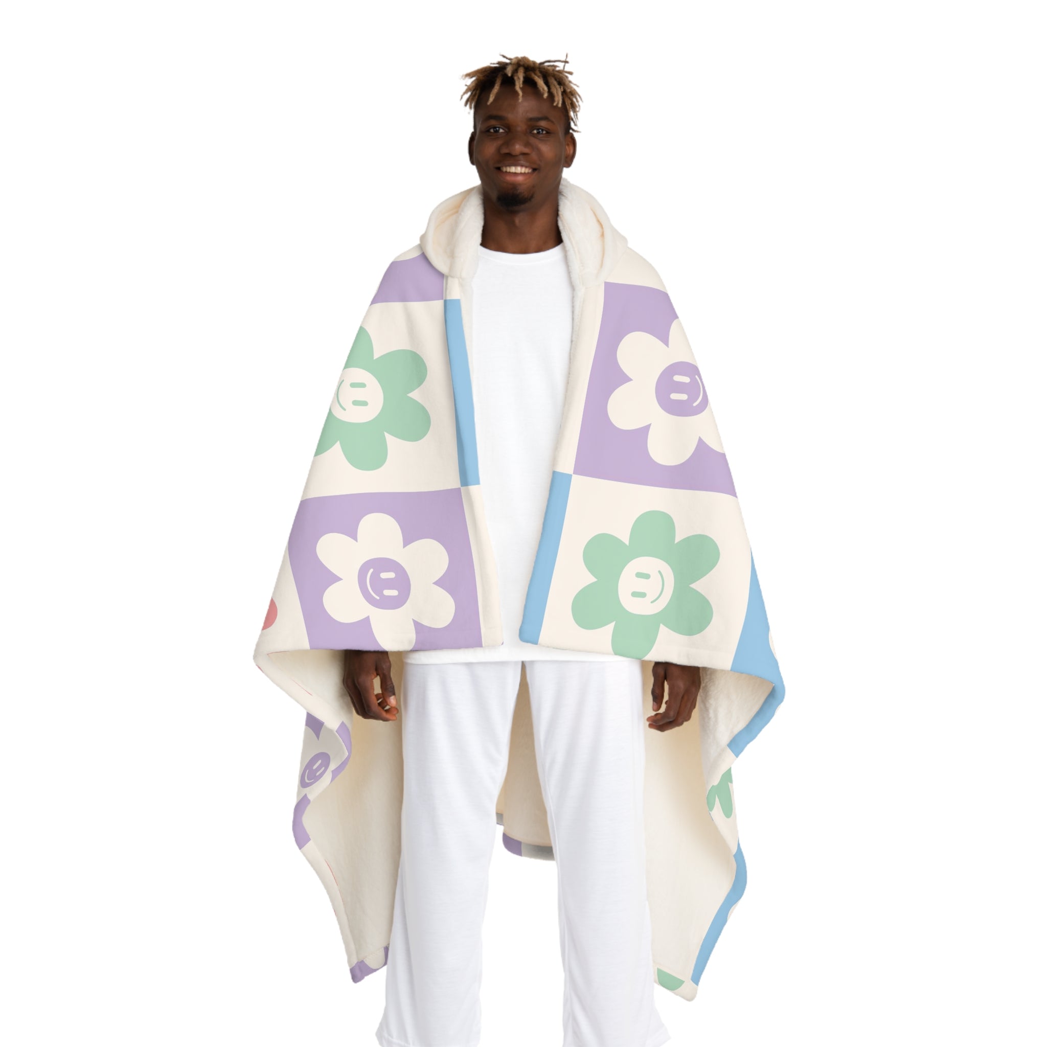 Chessboard x Smiley Face Flowers III Multi-Color Hooded Sherpa Fleece Blanket, Artsulli - Art is Long, Life is Short, All Over Prints, Size, One size, Color, Cream, , , 85583082327399194205