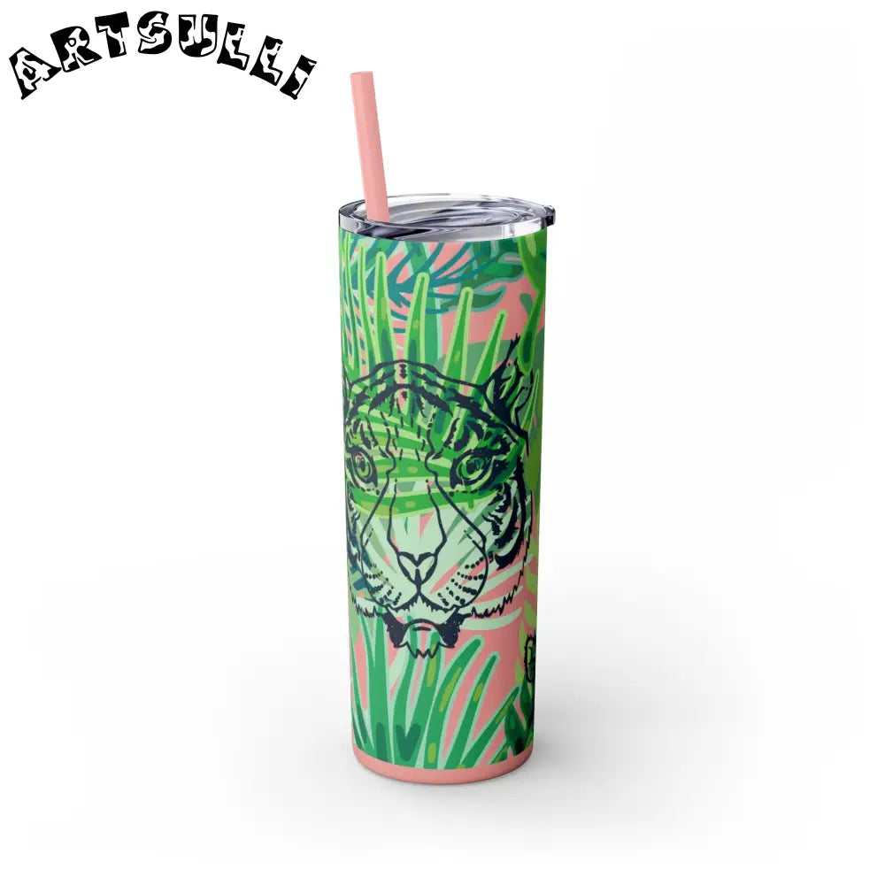 JAKKOUTTHEBXX Tropical Jungle Tigers Green Skinny Tumbler with Straw