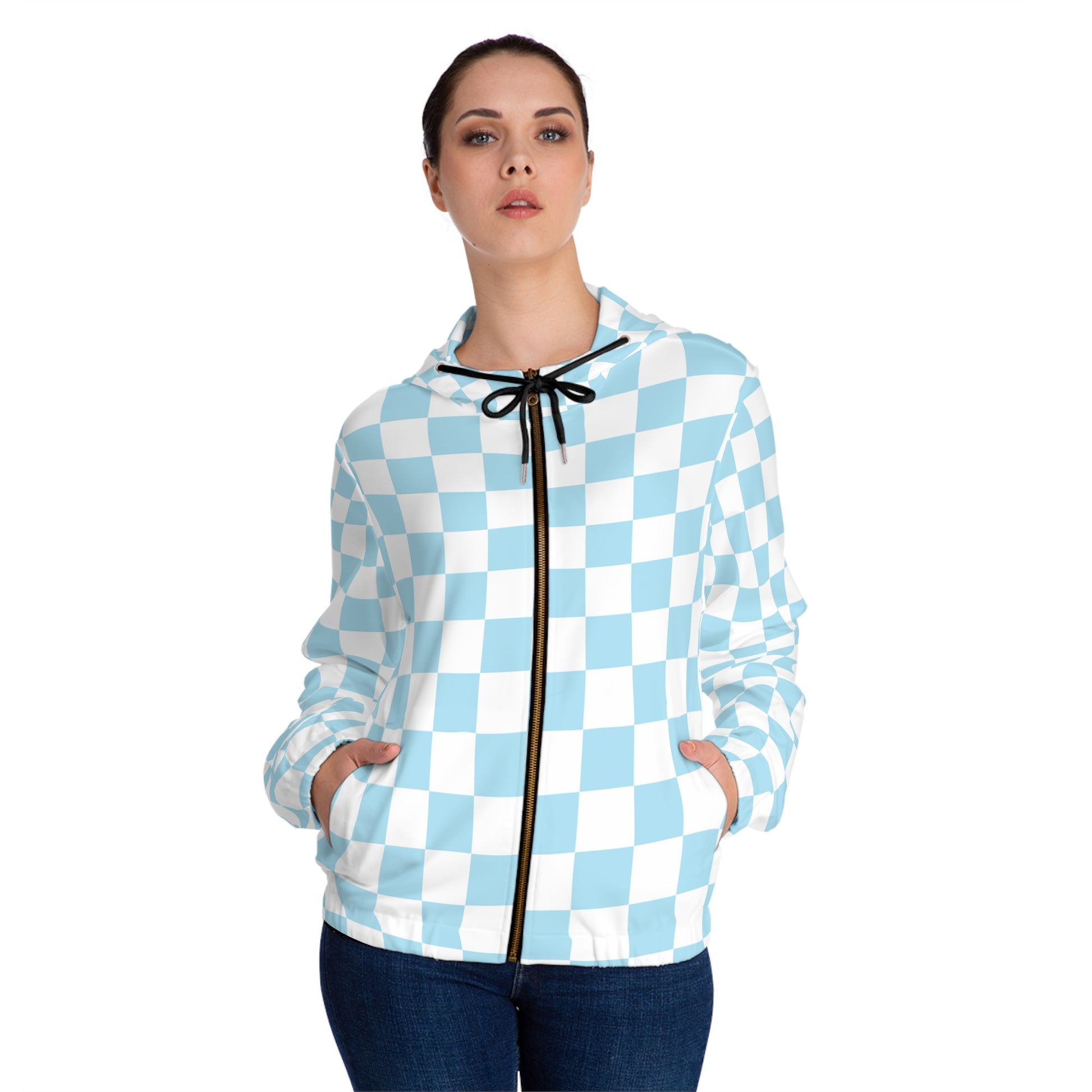 Checkerboard Sky Blue Women’s Full-Zip Hoodie (AOP), Artsulli - Art is Long, Life is Short, All Over Prints, , , , , , , 