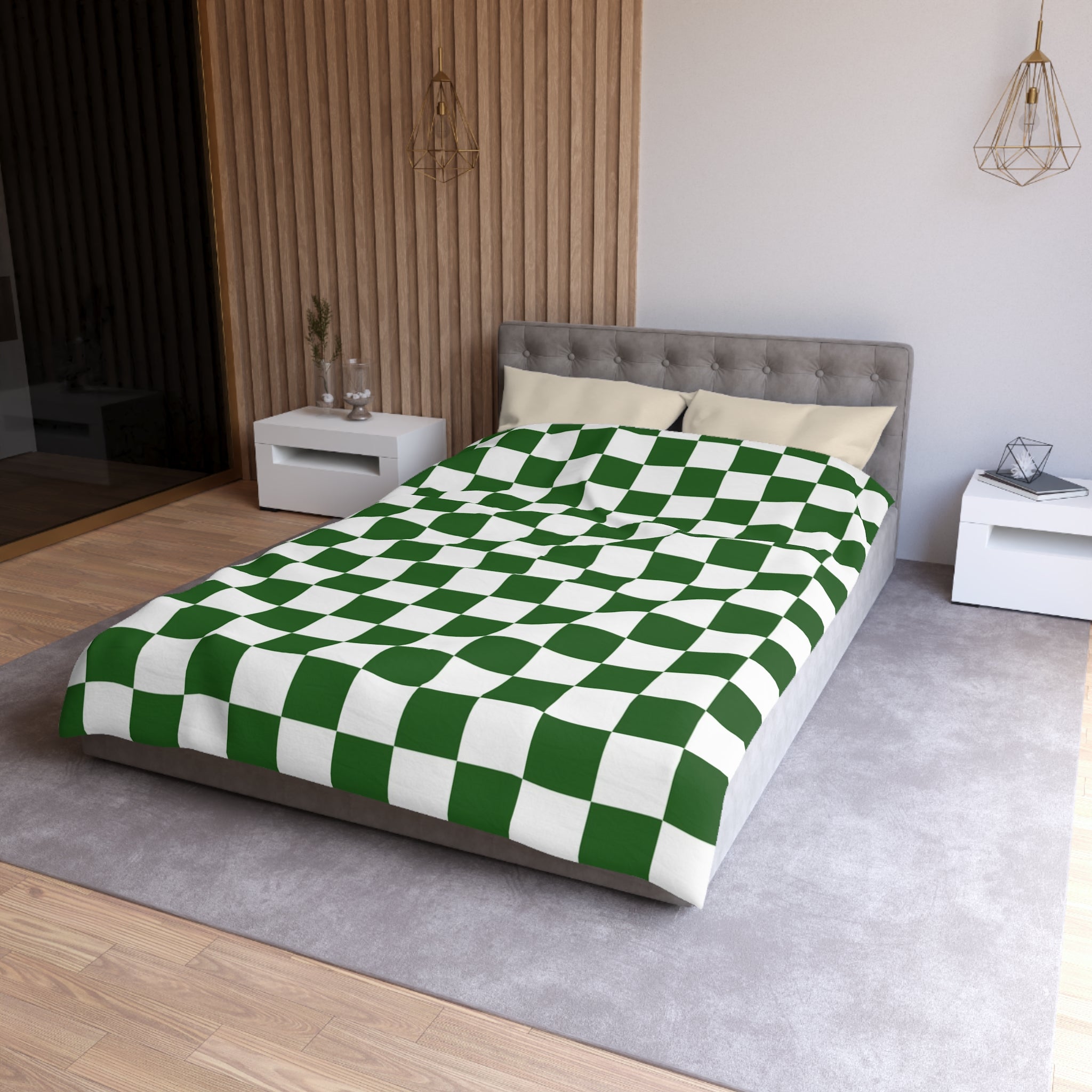 Checkerboard White and Dark Green Microfiber Duvet Cover, Artsulli - Art is Long, Life is Short, Home Decor, , , , , , , 