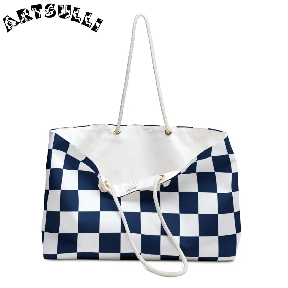 JAKKOUTTHEBXX Checkerboard White and Navy Blue Weekender Bag