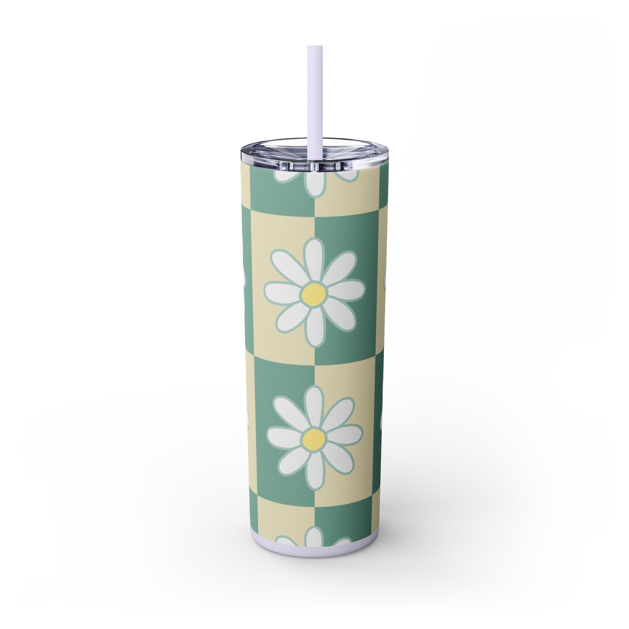 Retro Daisy Checkerboard Green and Tan Skinny Tumbler with Straw, 20oz, Artsulli - Art is Long, Life is Short, Mug, , , , , , , 