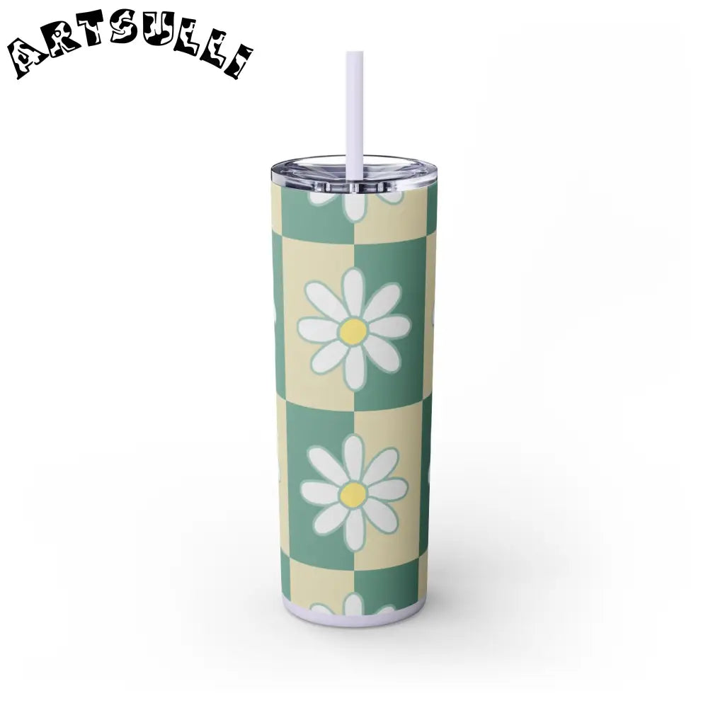 JAKKOUTTHEBXX Retro Daisy Checkerboard Green and Tan Skinny Tumbler
