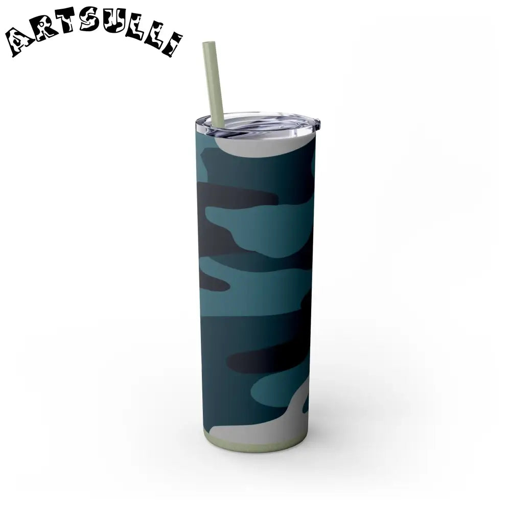 JAKKOUTTHEBXX Blue Camouflage Skinny Tumbler with Straw 20oz