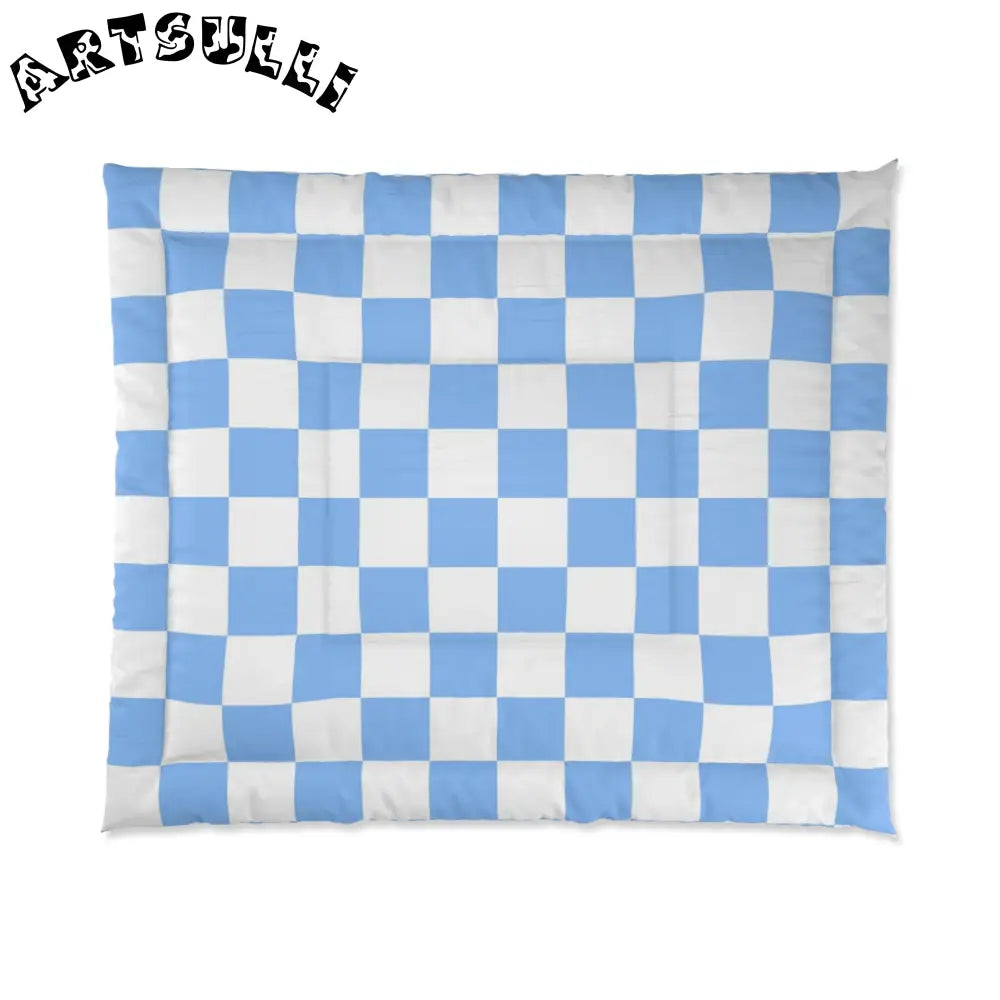 JAKKOUTTHEBXX Checkerboard White and Light Blue Comforter
