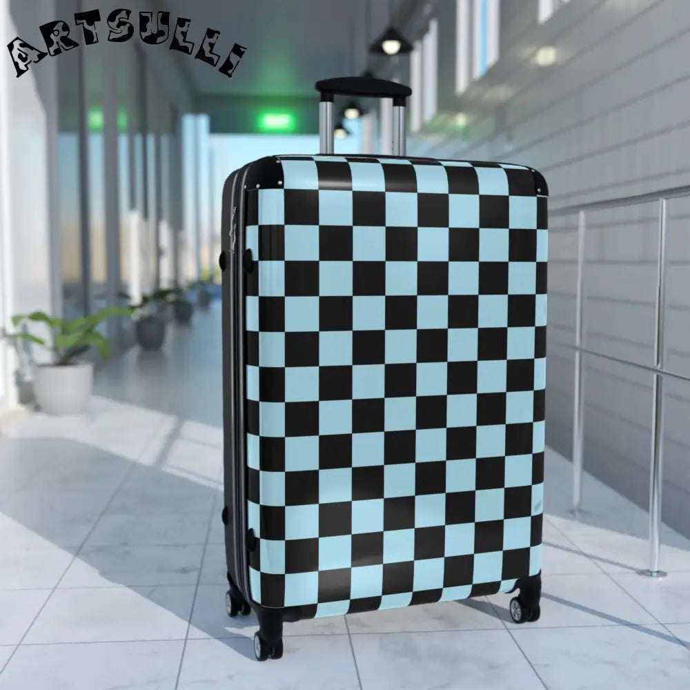 JAKKOUTTHEBXX Checkerboard Black and Blue Suitcase JAKKOUTTHEBXX