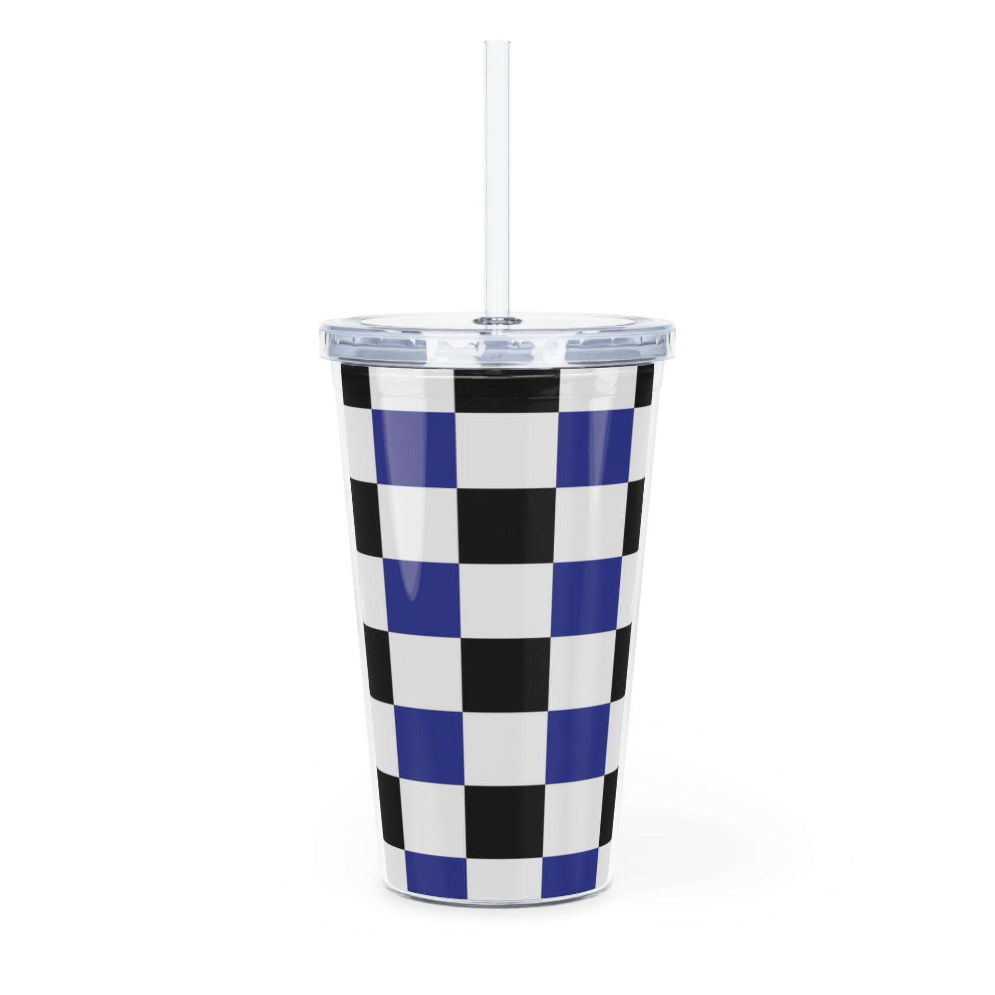 Checkerboard Blue White and Black Plastic Tumbler with Straw, Artsulli - Art is Long, Life is Short, Mug, , , , , , , 