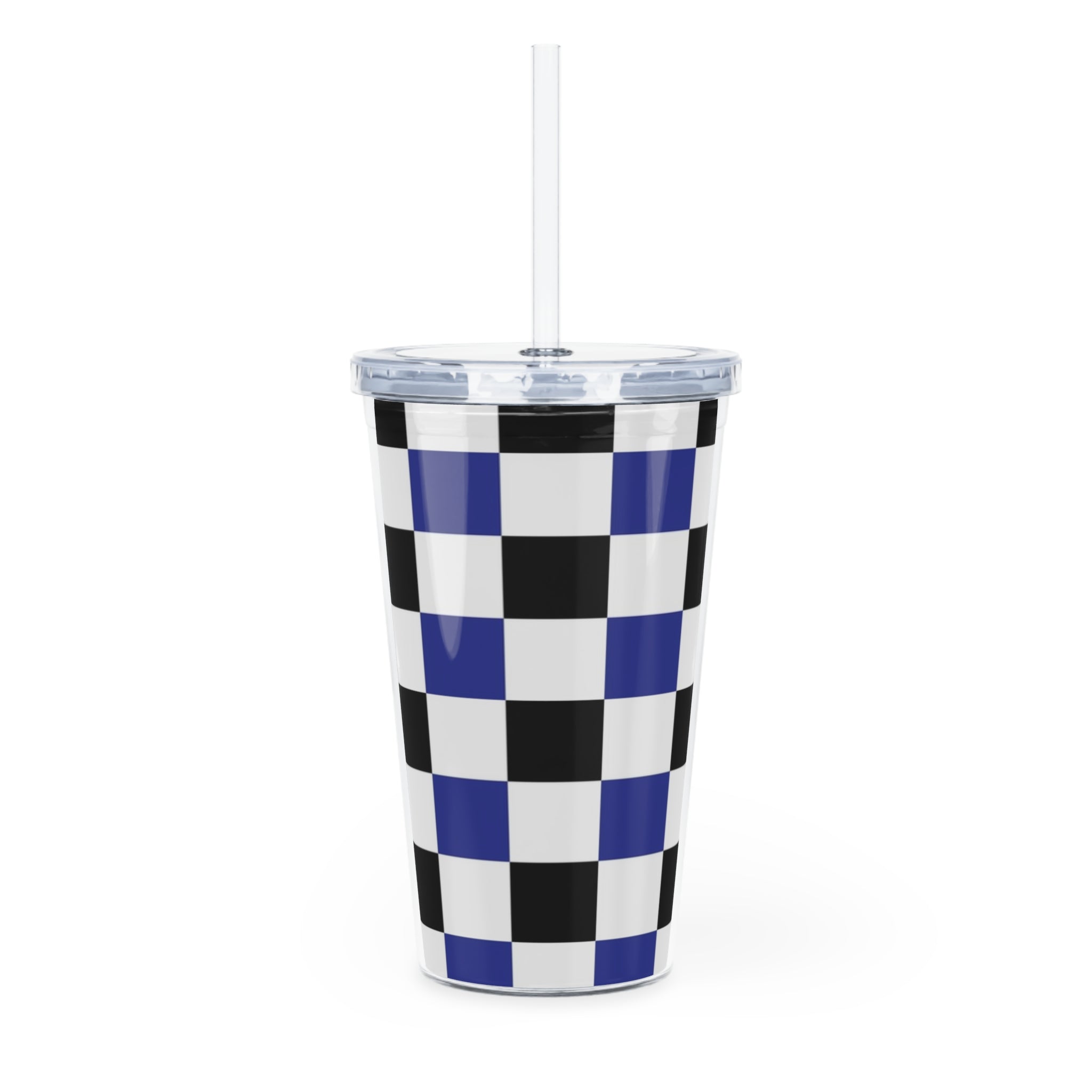 Checkerboard Blue White and Black Plastic Tumbler with Straw, Artsulli - Art is Long, Life is Short, Mug, , , , , , , 
