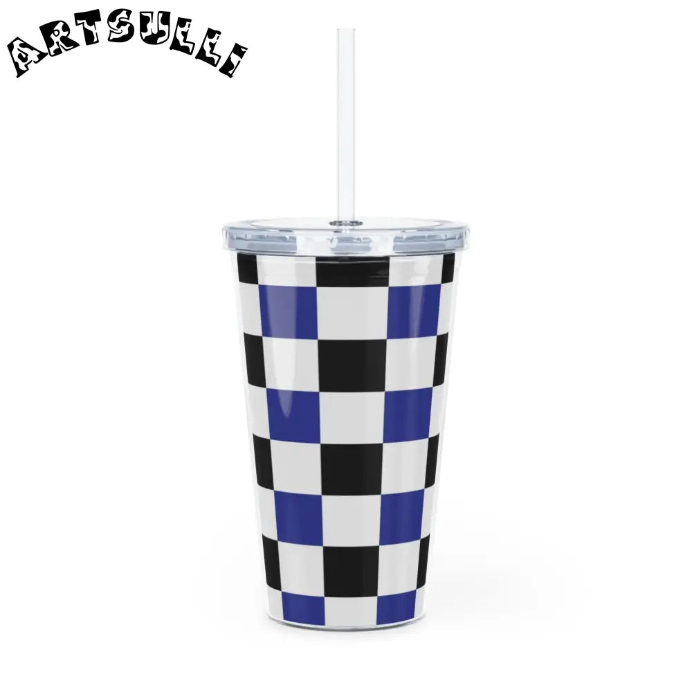 JAKKOUTTHEBXX Checkerboard Blue White and Black Plastic Tumbler