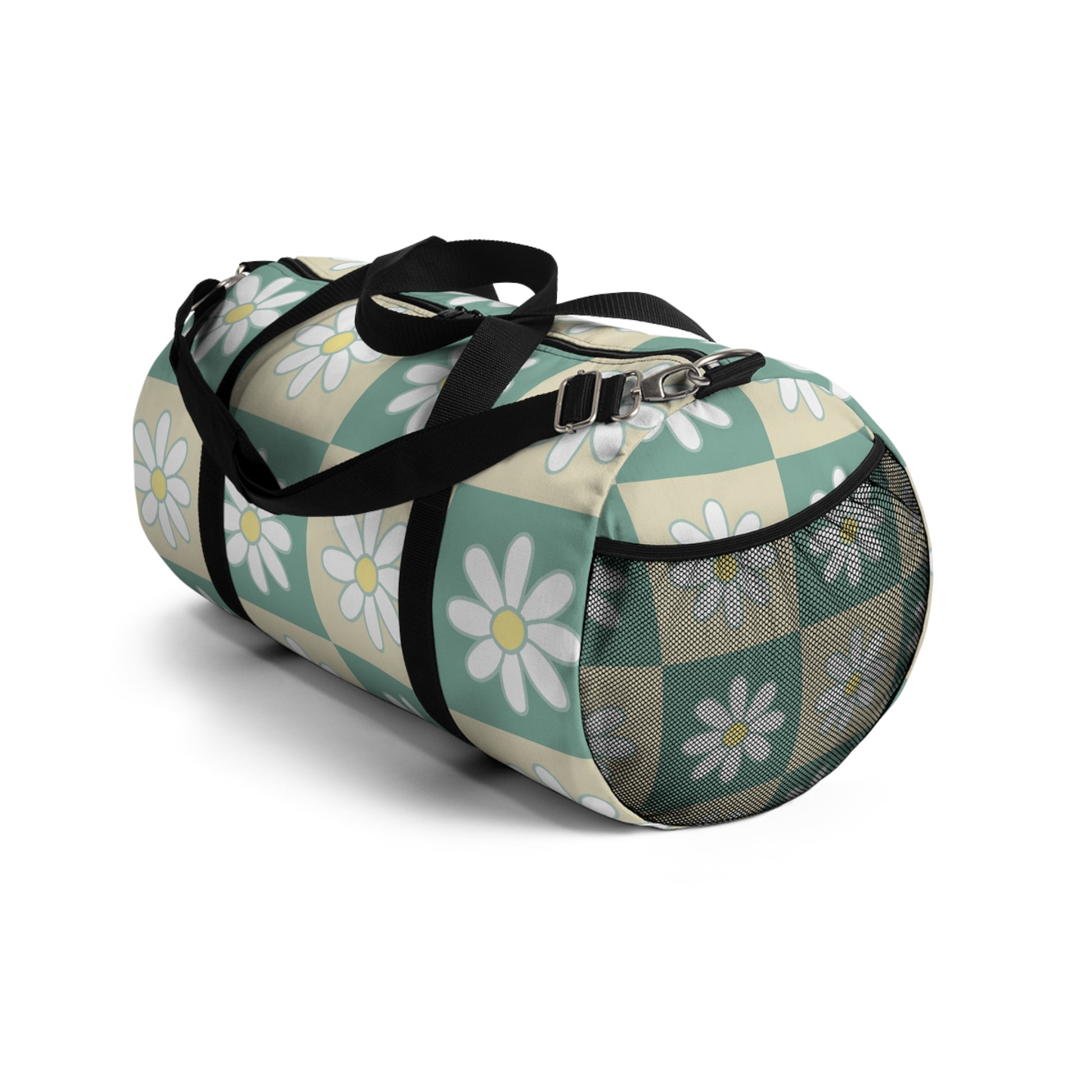 Retro Daisy Checkerboard Green and Tan Duffel Bag, Artsulli - Art is Long, Life is Short, Bags, , , , , , , 