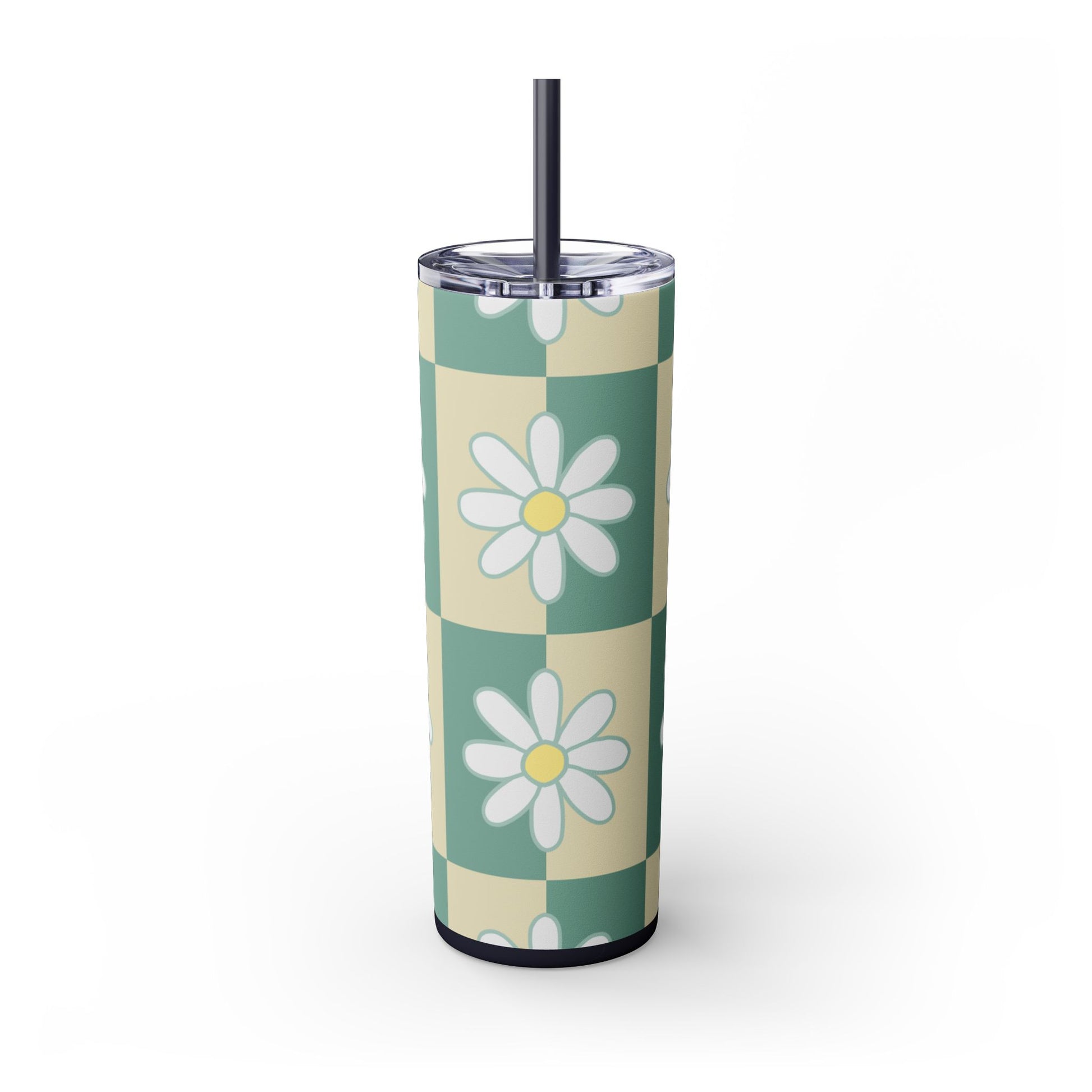 Retro Daisy Checkerboard Green and Tan Skinny Tumbler with Straw, 20oz, Artsulli - Art is Long, Life is Short, Mug, , , , , , , 
