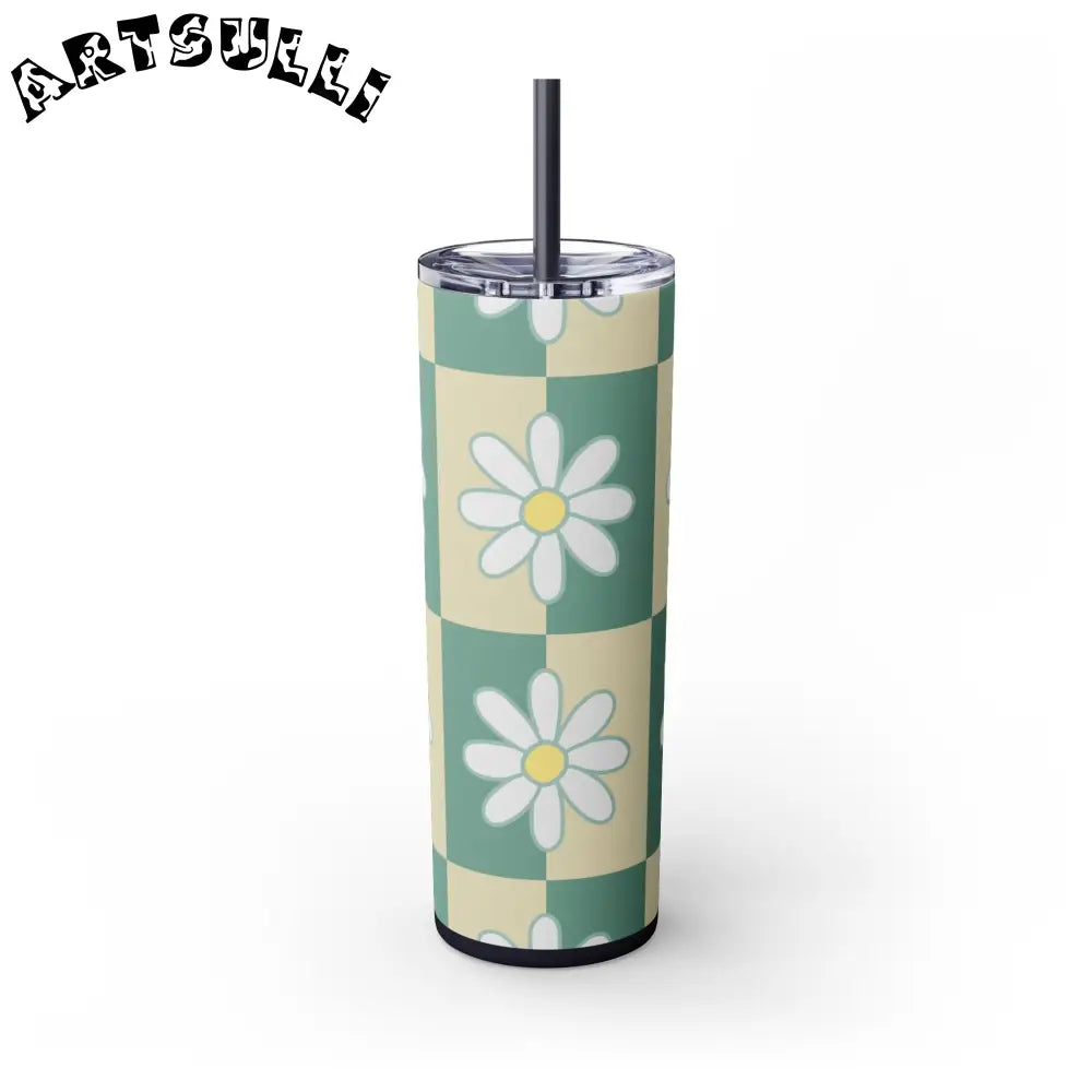 JAKKOUTTHEBXX Retro Daisy Checkerboard Green and Tan Skinny Tumbler