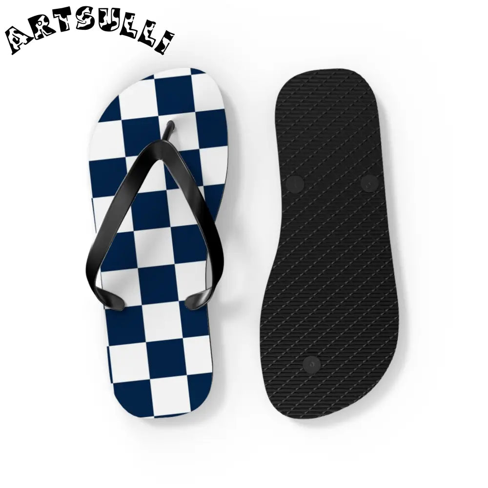 JAKKOUTTHEBXX Checkerboard White and Navy Blue Flip Flops