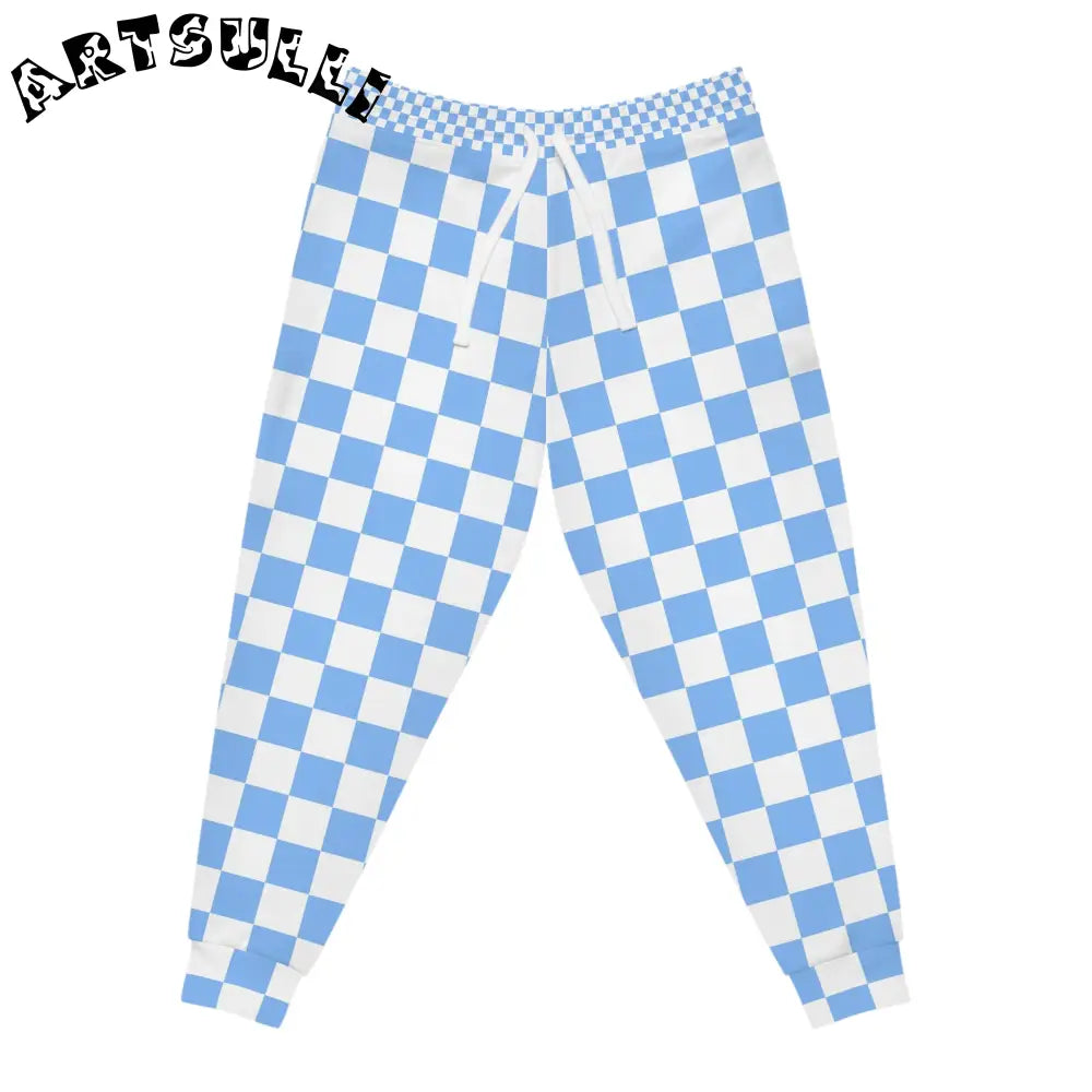 JAKKOUTTHEBXX Checkerboard White and Light Blue Athletic Joggers