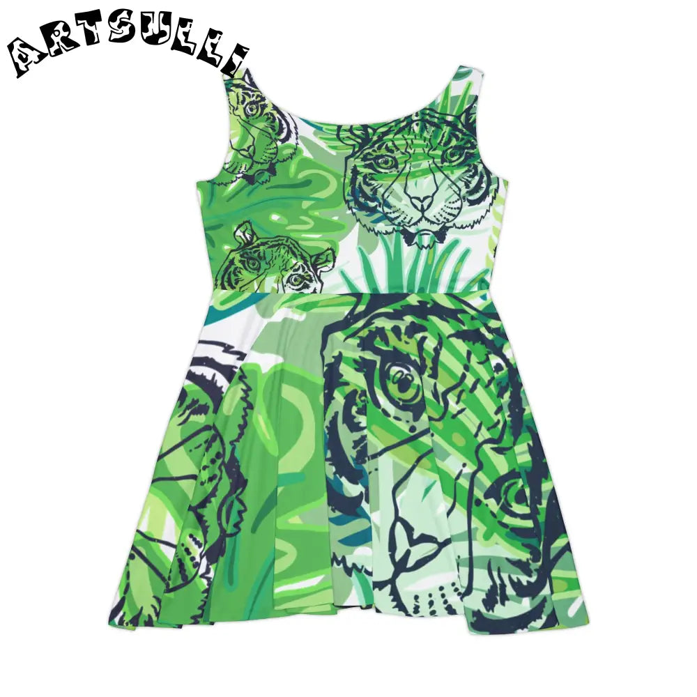 JAKKOUTTHEBXX Tropical Jungle Tigers Green Women’s Skater Dress