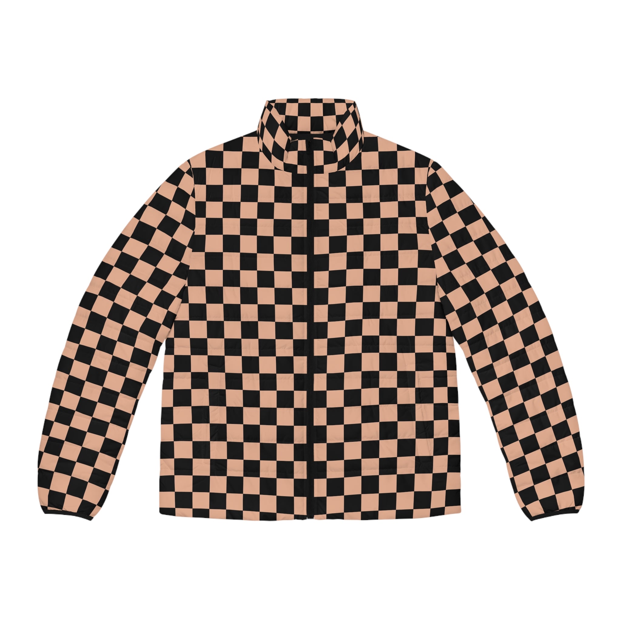 Checkerboard Soft Orange and Black Men's Puffer Jacket (AOP), Artsulli - Art is Long, Life is Short, All Over Prints, Size, S, Color, Black zipper, , , 96077415056821723479