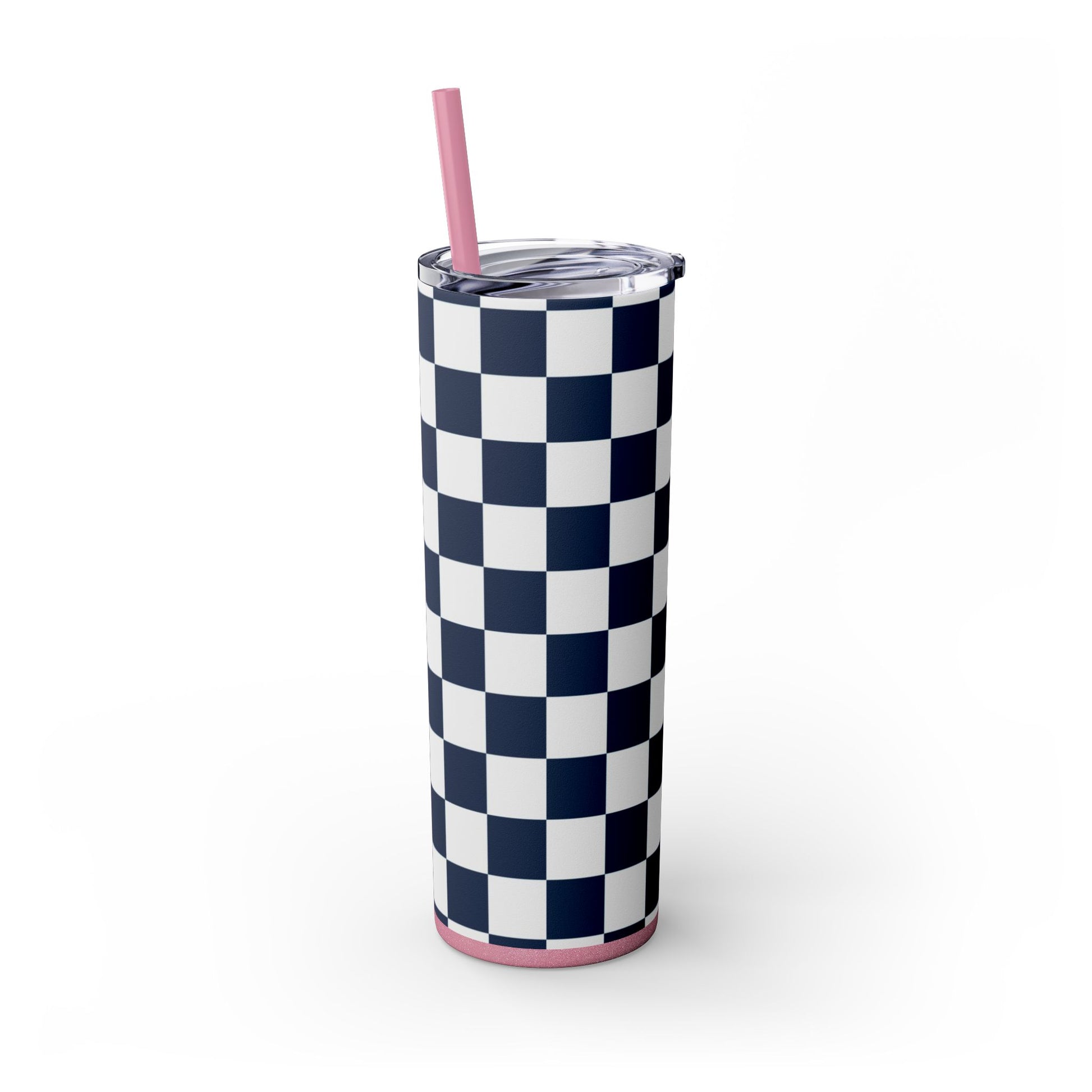 Checkerboard White and Navy Blue Skinny Tumbler with Straw, 20oz, Artsulli - Art is Long, Life is Short, Mug, , , , , , , 