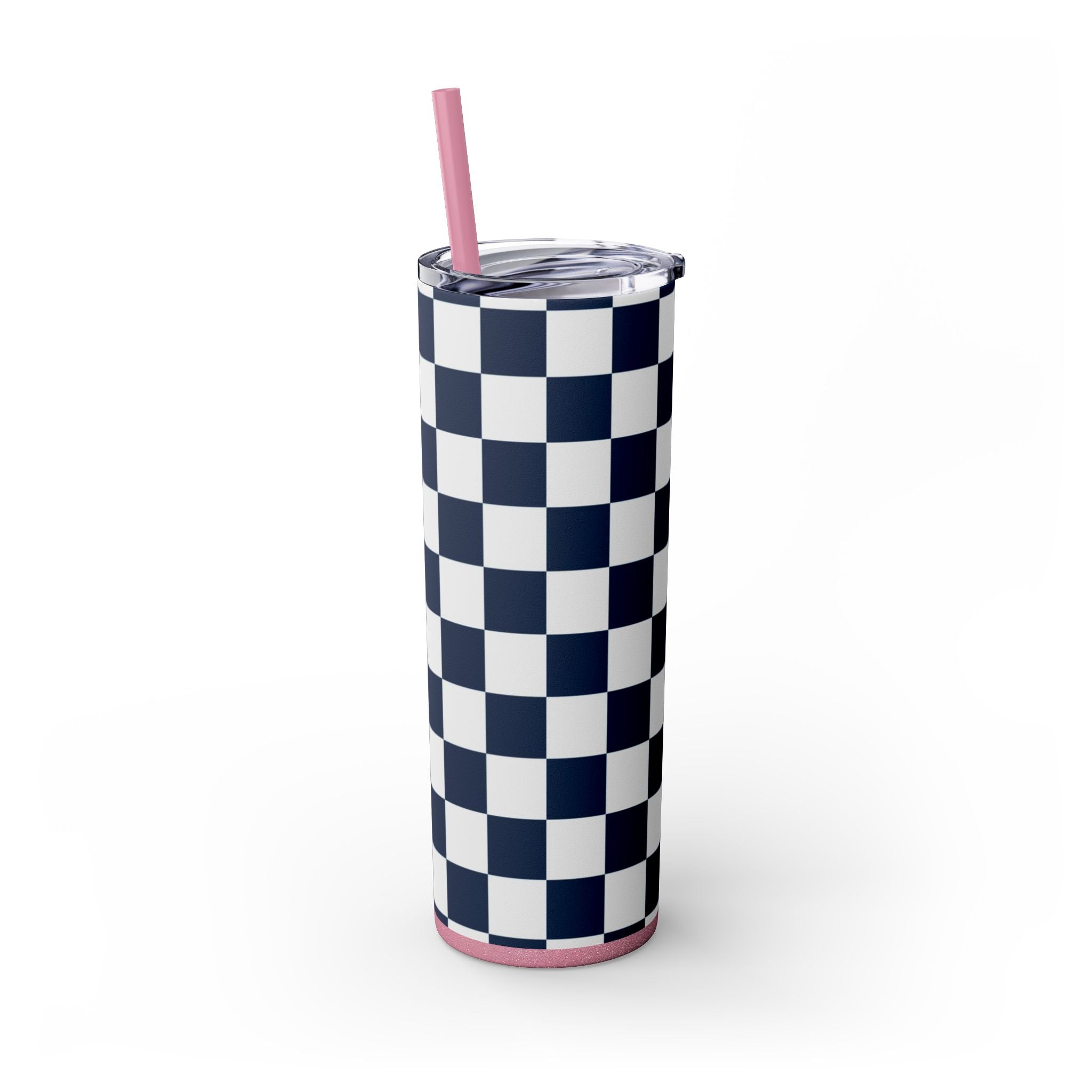 Checkerboard White and Navy Blue Skinny Tumbler with Straw, 20oz, Artsulli - Art is Long, Life is Short, Mug, , , , , , , 