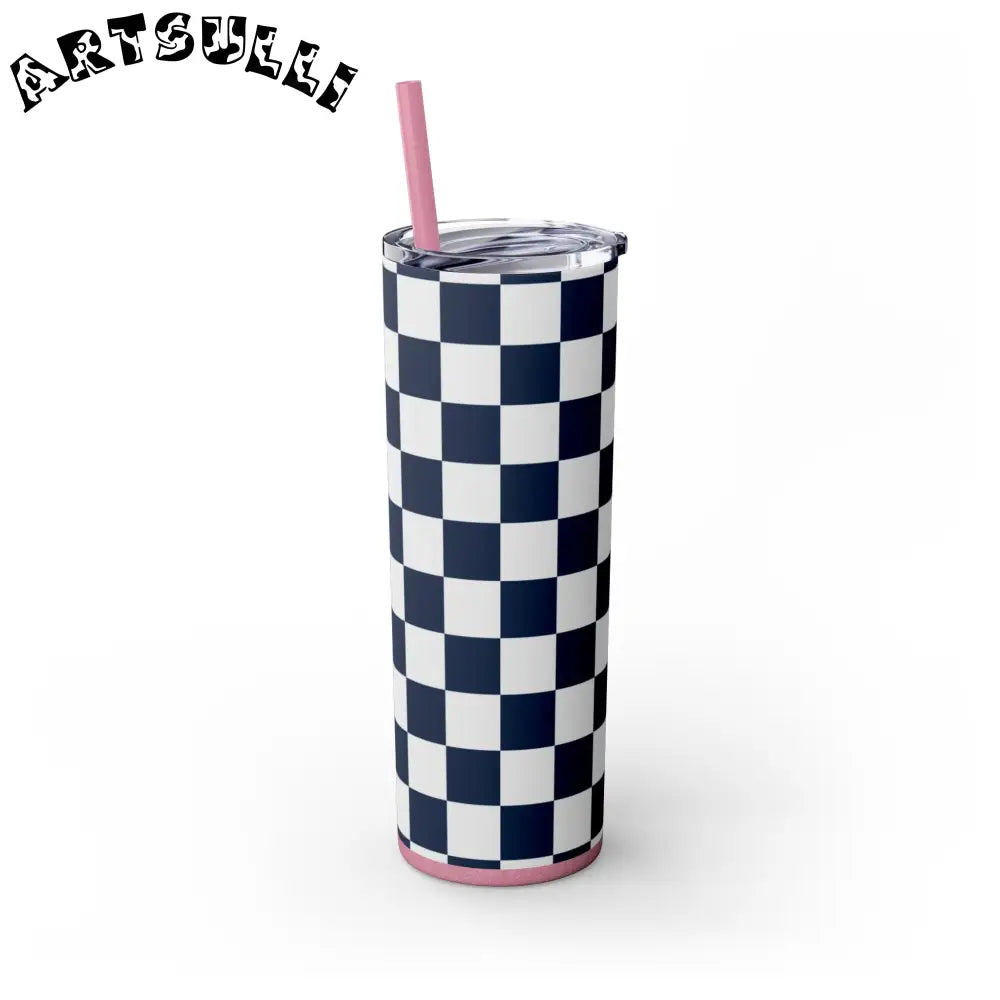 JAKKOUTTHEBXX Checkerboard White and Navy Blue Skinny Tumbler