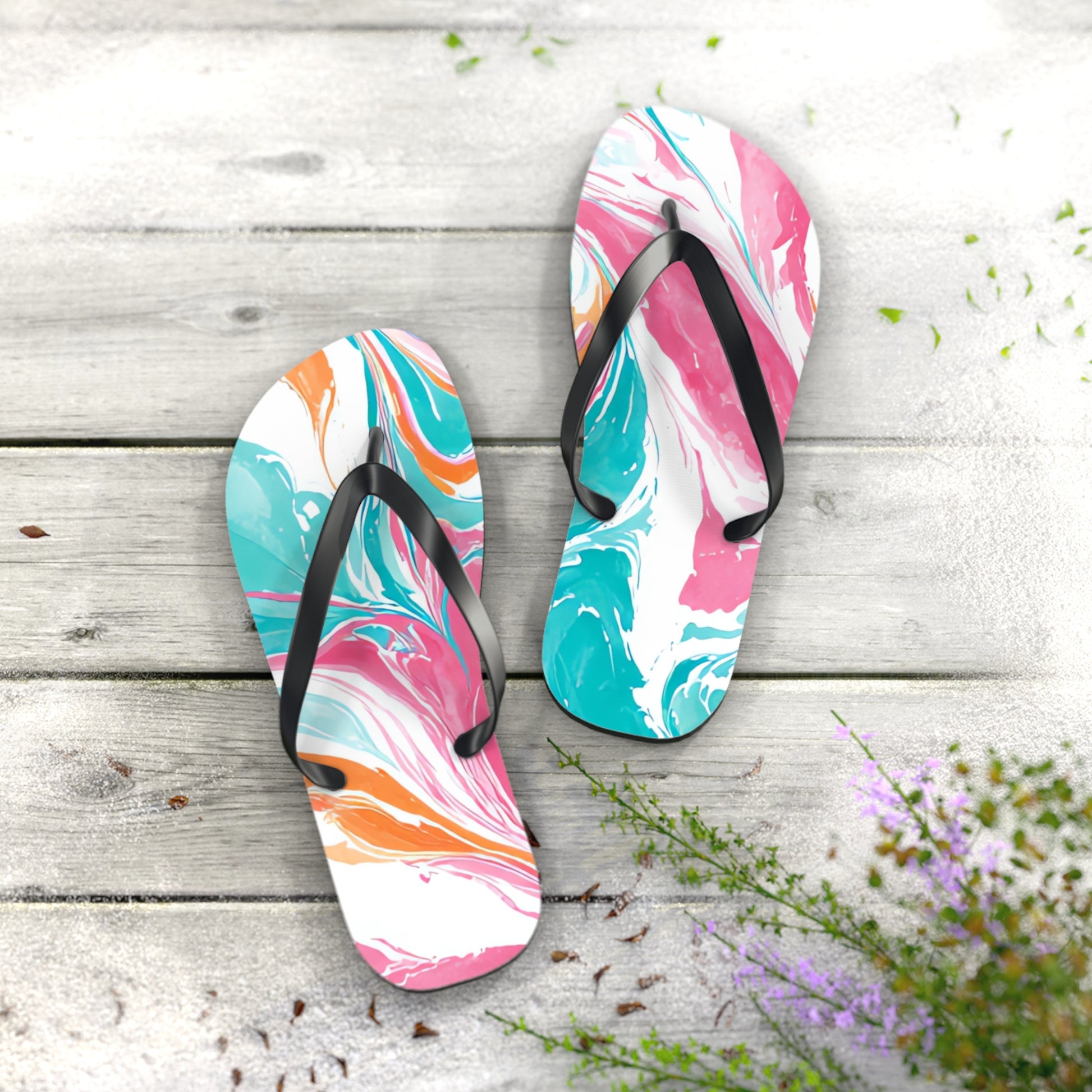 Liquid Pastel Spill Multi-Color Flip Flops, Artsulli - Art is Long, Life is Short, Shoes, , , , , , , 