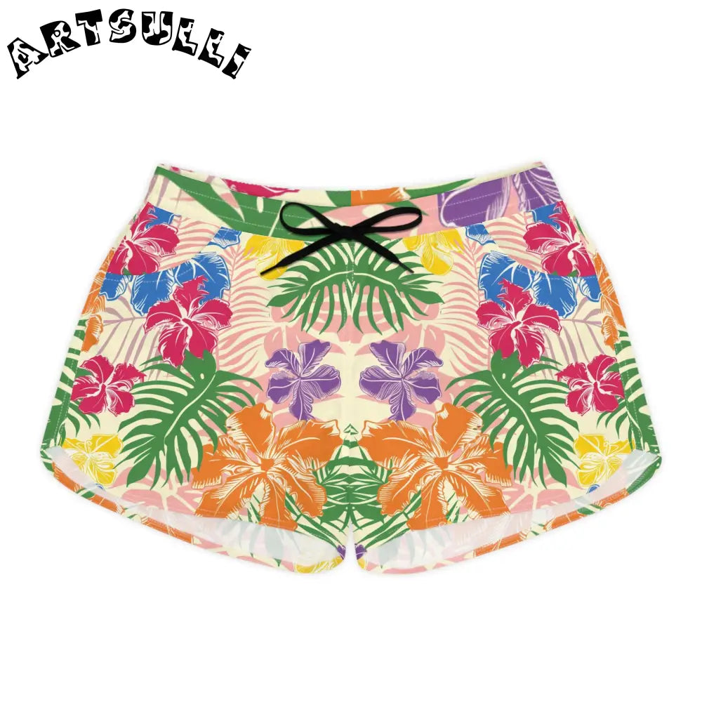 Blooming Tropical Flowers Women's Casual Shorts (AOP), Artsulli - Art is Long, Life is Short, All Over Prints, Size, S, Color, Black drawstring, , , 13746070104422576817