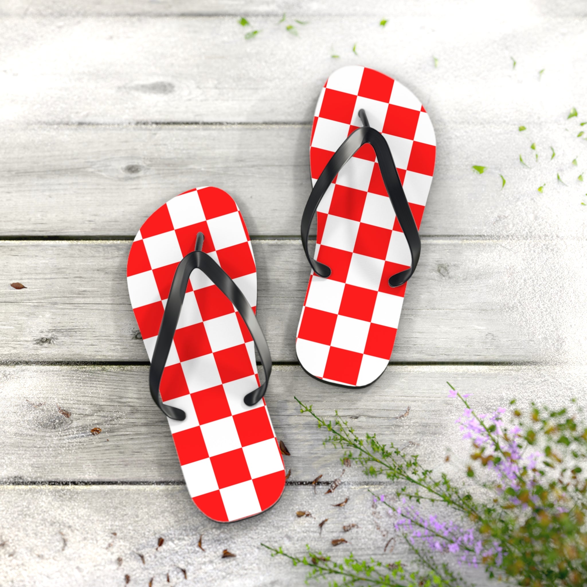 Checkerboard Red and White Flip Flops, Artsulli - Art is Long, Life is Short, Shoes, , , , , , , 