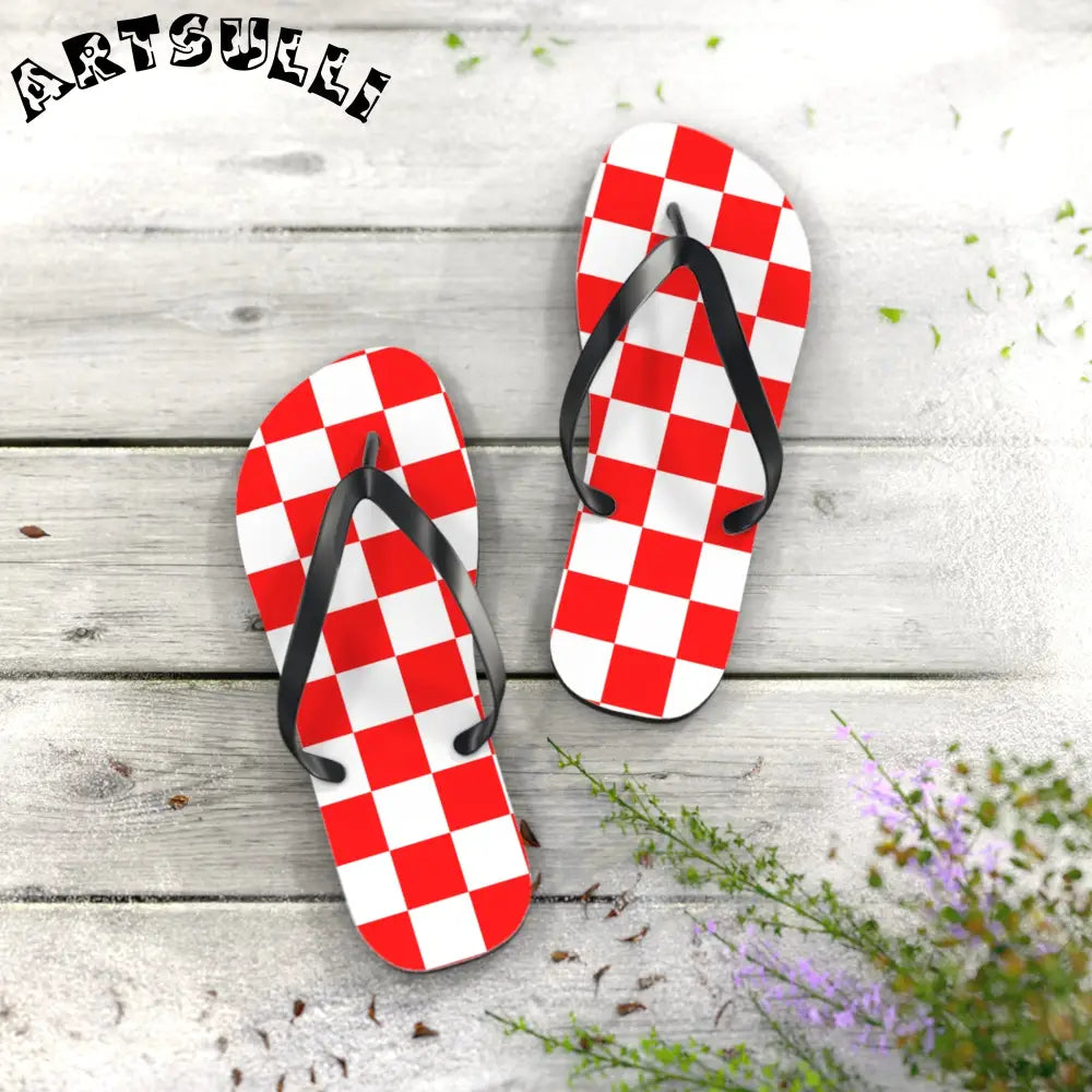JAKKOUTTHEBXX Checkerboard Red and White Flip Flops JAKKOUTTHEBXX