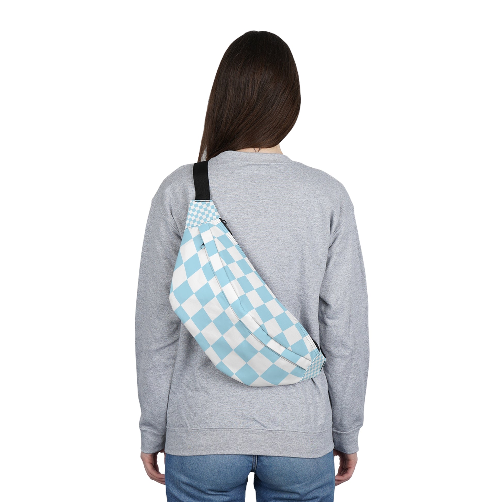 Checkerboard Sky Blue Large Fanny Pack, Artsulli - Art is Long, Life is Short, Bags, , , , , , , 