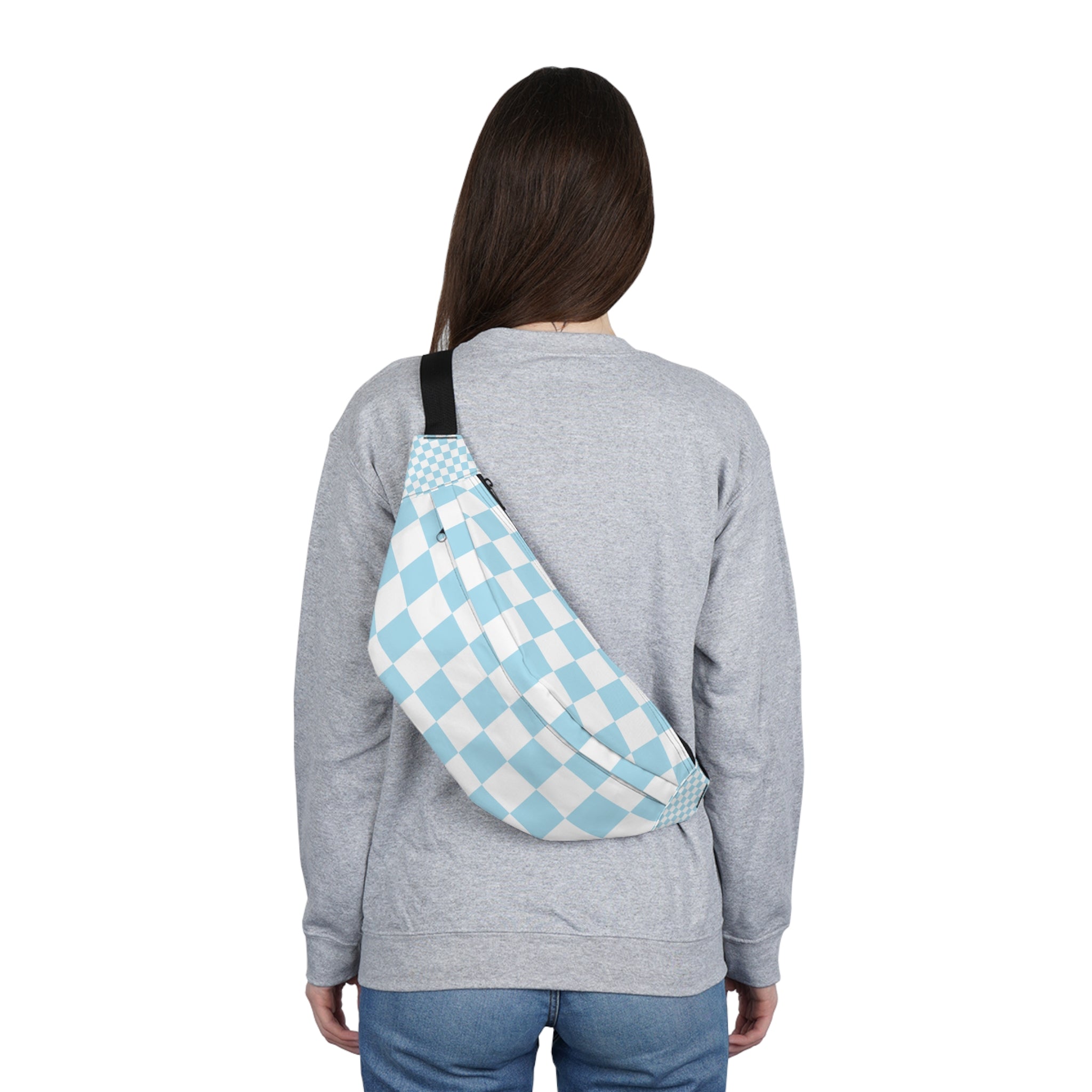 Checkerboard Sky Blue Large Fanny Pack, Artsulli - Art is Long, Life is Short, Bags, , , , , , , 