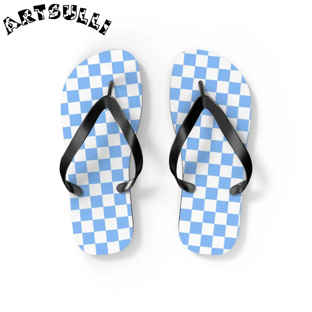 JAKKOUTTHEBXX Checkerboard White and Light Blue Flip Flops